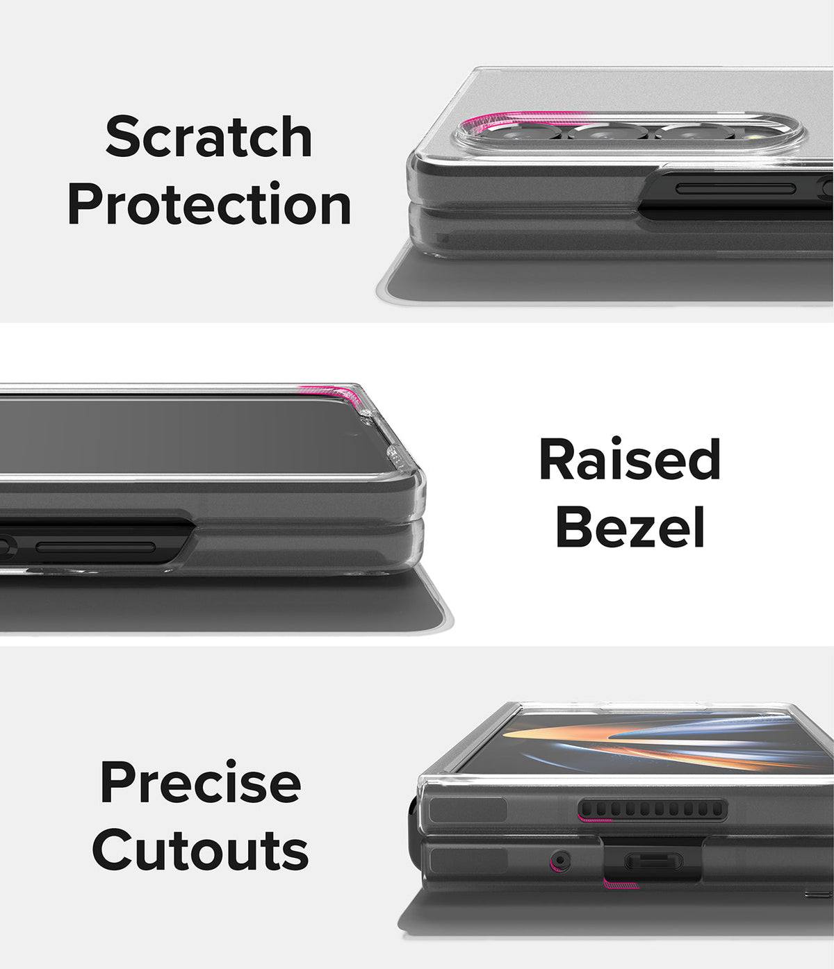 Galaxy Z Fold 4 Case | Slim - Three views of a clear phone case highlighting camera protection, raised bezels, and cutouts.