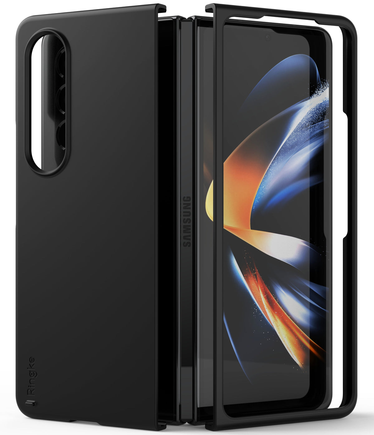 Galaxy Z Fold 4 Case | Slim - Matte black slim case for Samsung Galaxy Z Fold 4, shown partially open with abstract screen.