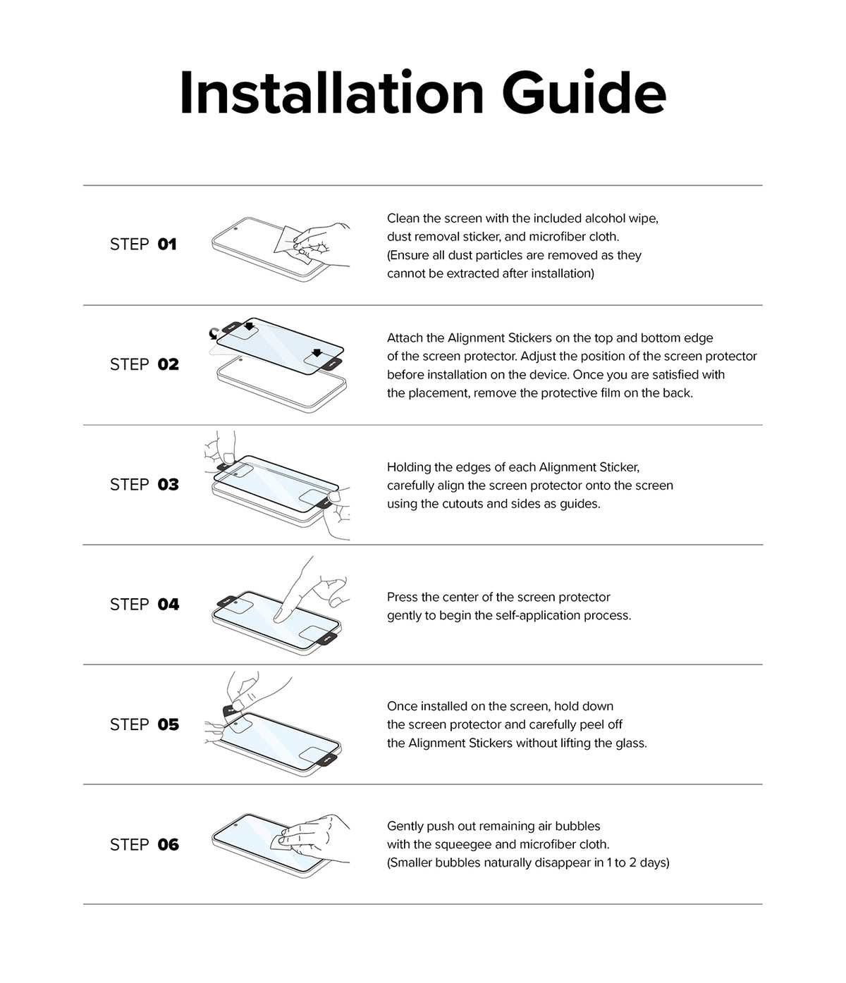 Galaxy Z Fold 5 Screen Protector | Cover Display Glass - Galaxy Z Fold 5 Screen Protector - Six-step illustrated guide showing how to clean, align, and apply a screen protector.