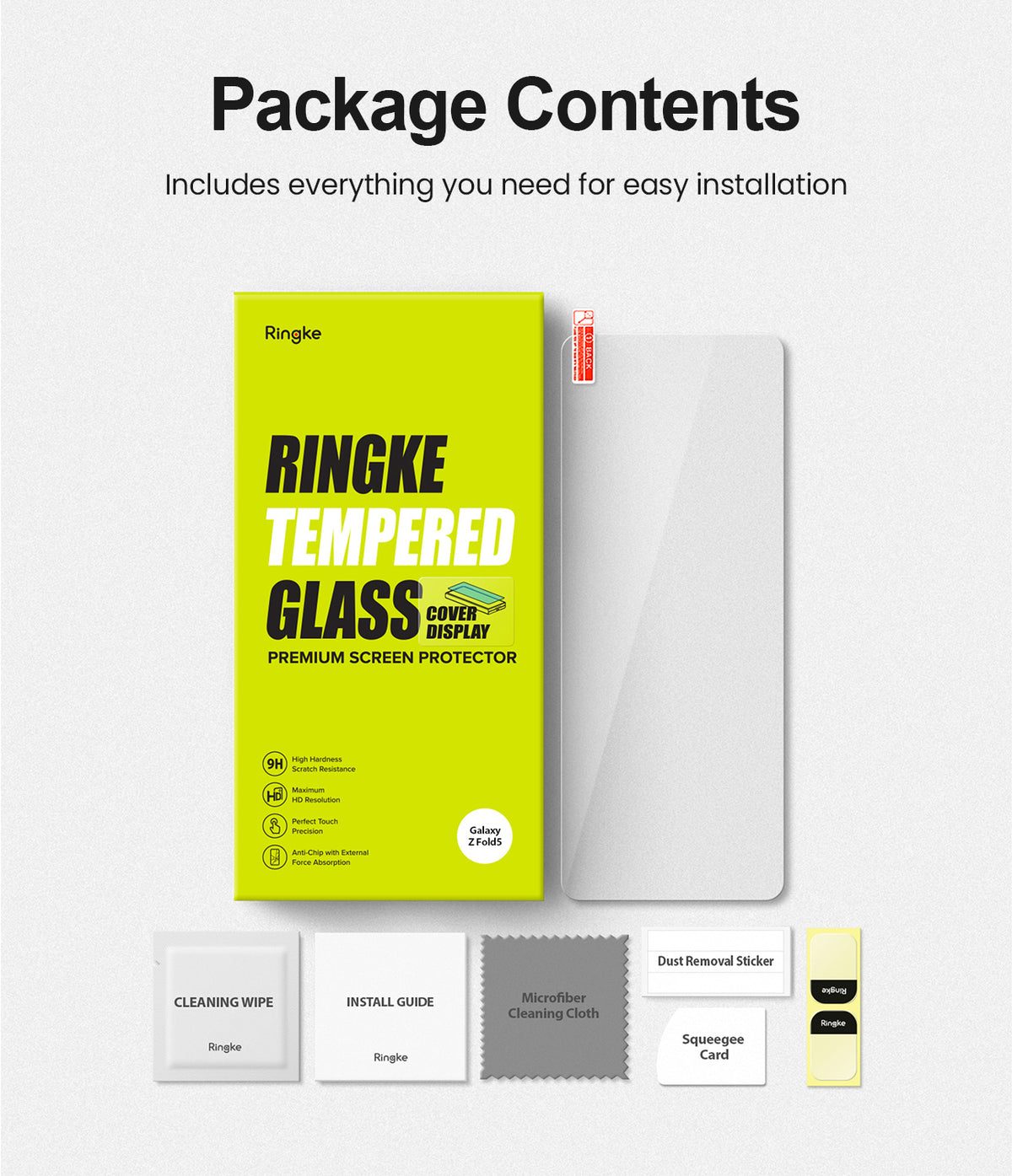 Galaxy Z Fold 5 Screen Protector | Cover Display Glass - Galaxy Z Fold 5 Screen Protector - Ringke tempered glass packaging, screen protector, and installation kit components.