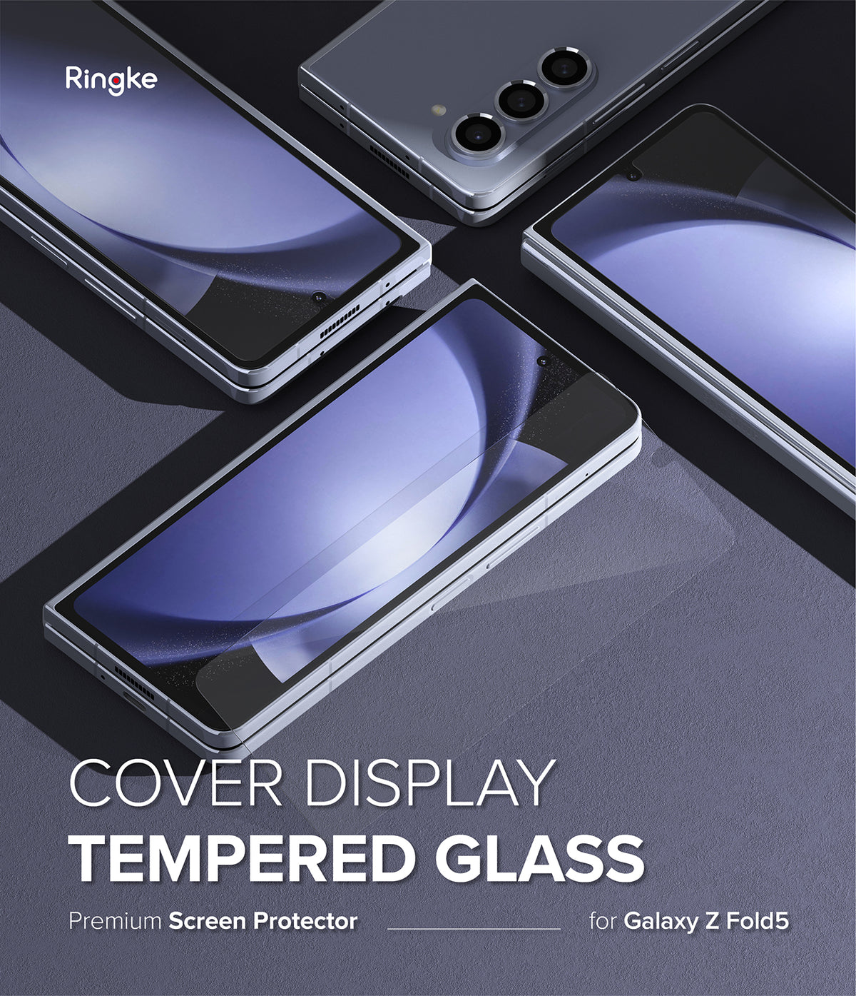 Galaxy Z Fold 5 Screen Protector | Cover Display Glass - Galaxy Z Fold 5 Screen Protector - Three Galaxy Z Fold 5 phones with tempered glass screen protectors on a dark surface.