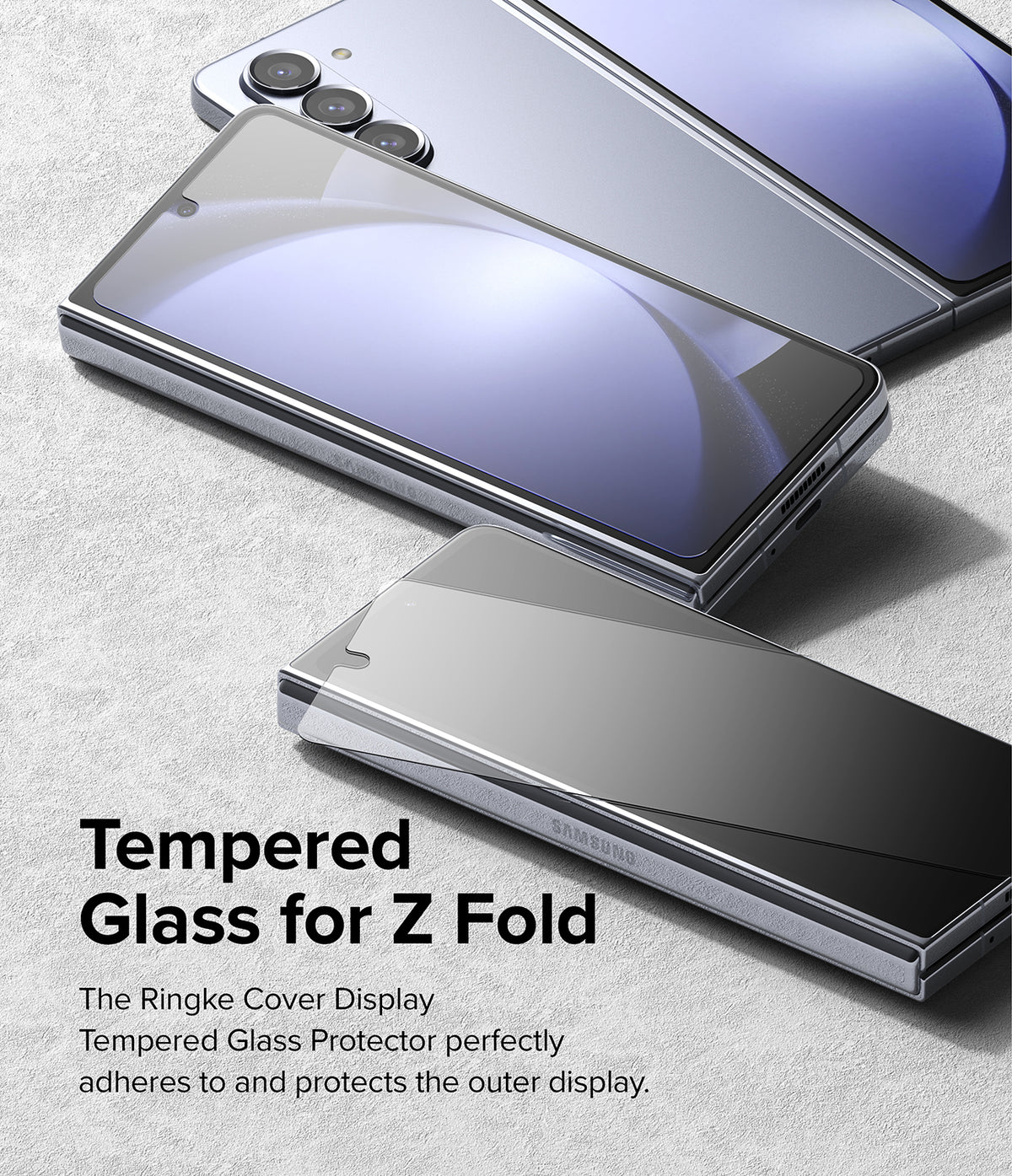 Galaxy Z Fold 5 Screen Protector | Cover Display Glass - Galaxy Z Fold 5 Screen Protector - Tempered glass protector applied to the outer display of a folded silver smartphone.