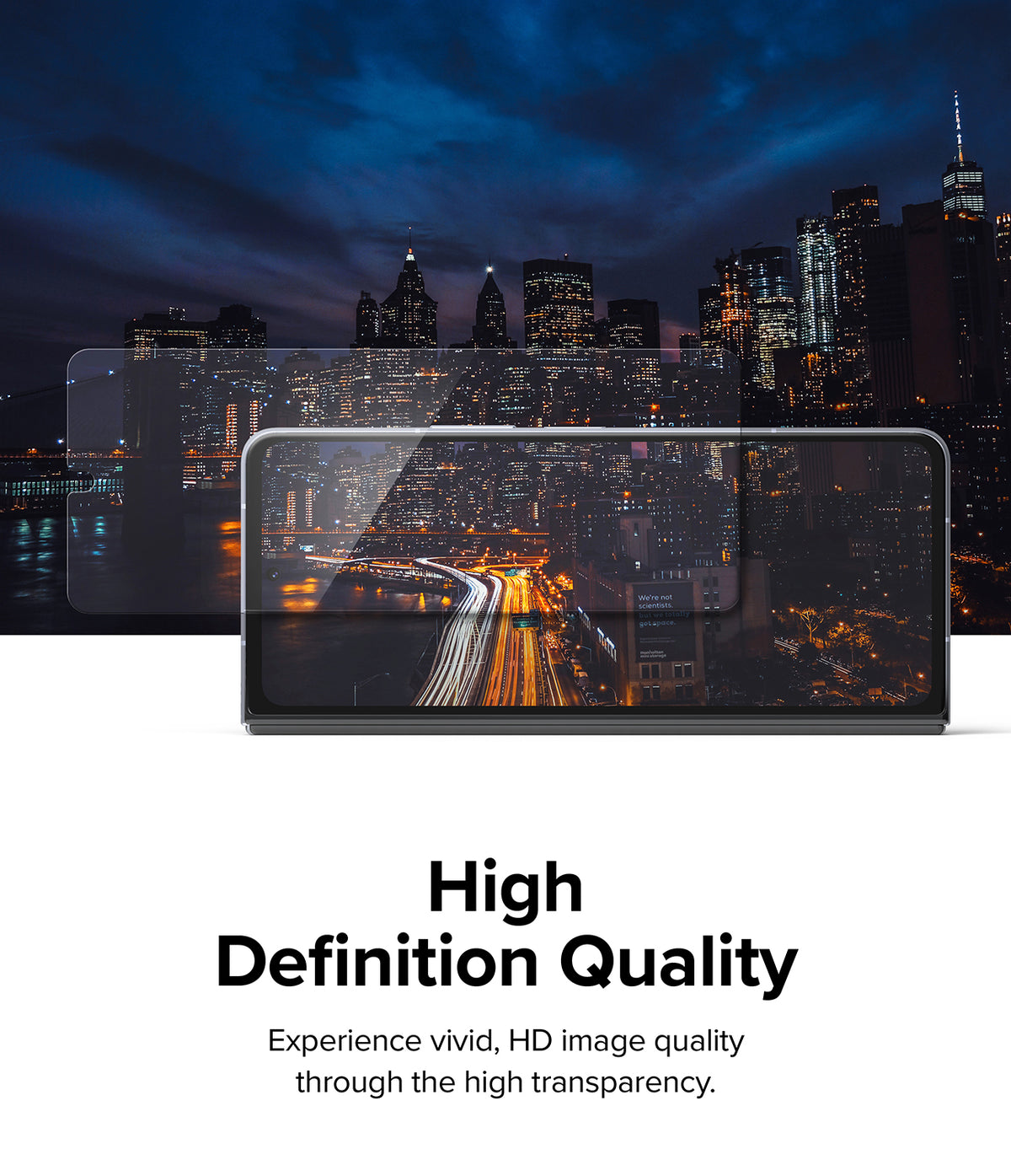 Galaxy Z Fold 5 Screen Protector | Cover Display Glass - Galaxy Z Fold 5 Screen Protector - Transparent glass protector hovering over a smartphone displaying a night city skyline.