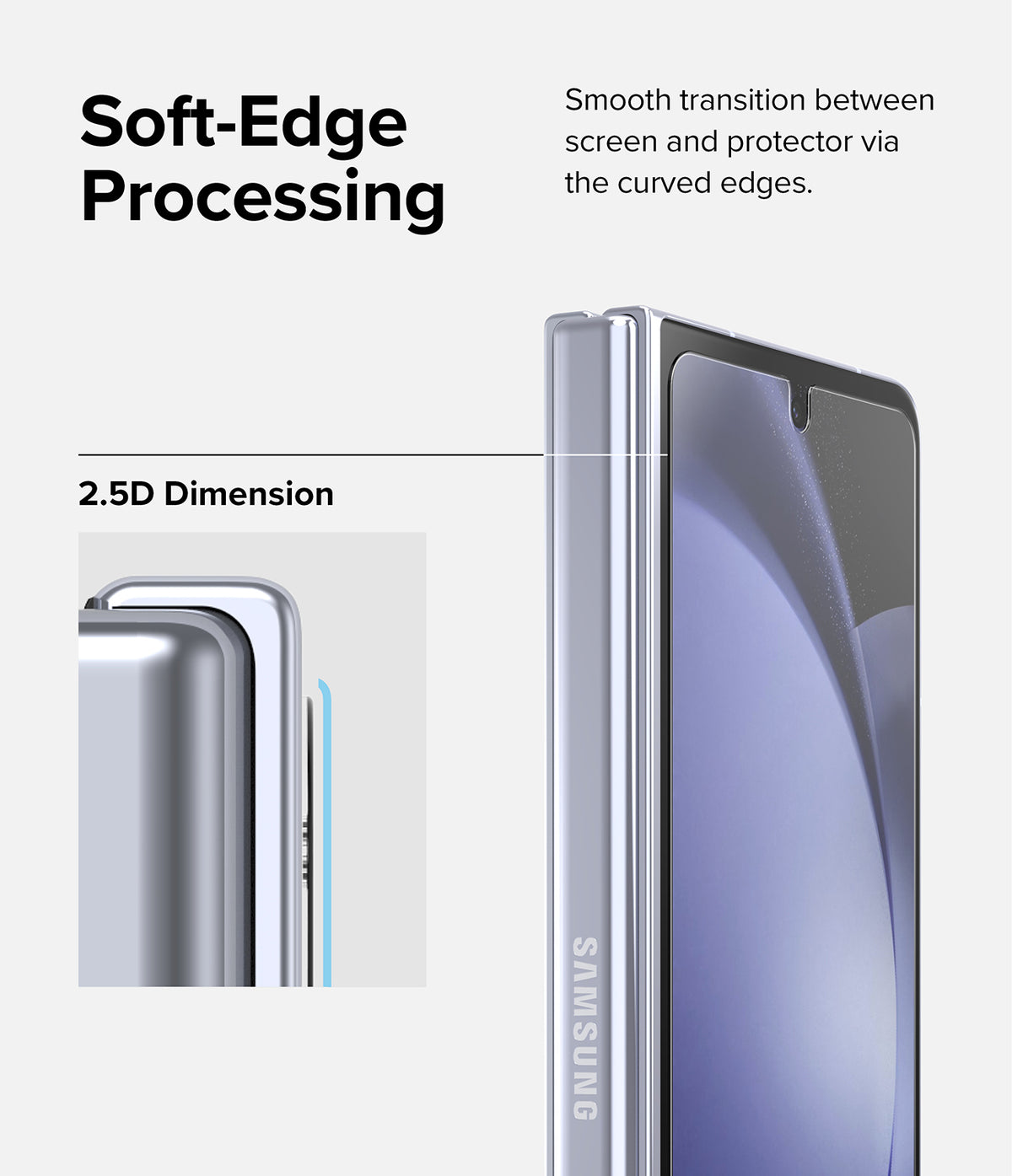 Galaxy Z Fold 5 Screen Protector | Cover Display Glass - Galaxy Z Fold 5 Screen Protector - Close-up of phone showing 2.5D curved edges for a smooth screen protector transition.