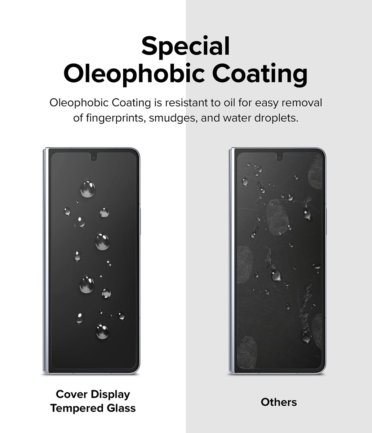 Galaxy Z Fold 5 Screen Protector | Cover Display Glass - Galaxy Z Fold 5 Screen Protector - Comparison showing water beading on tempered glass versus smudges on standard glass.