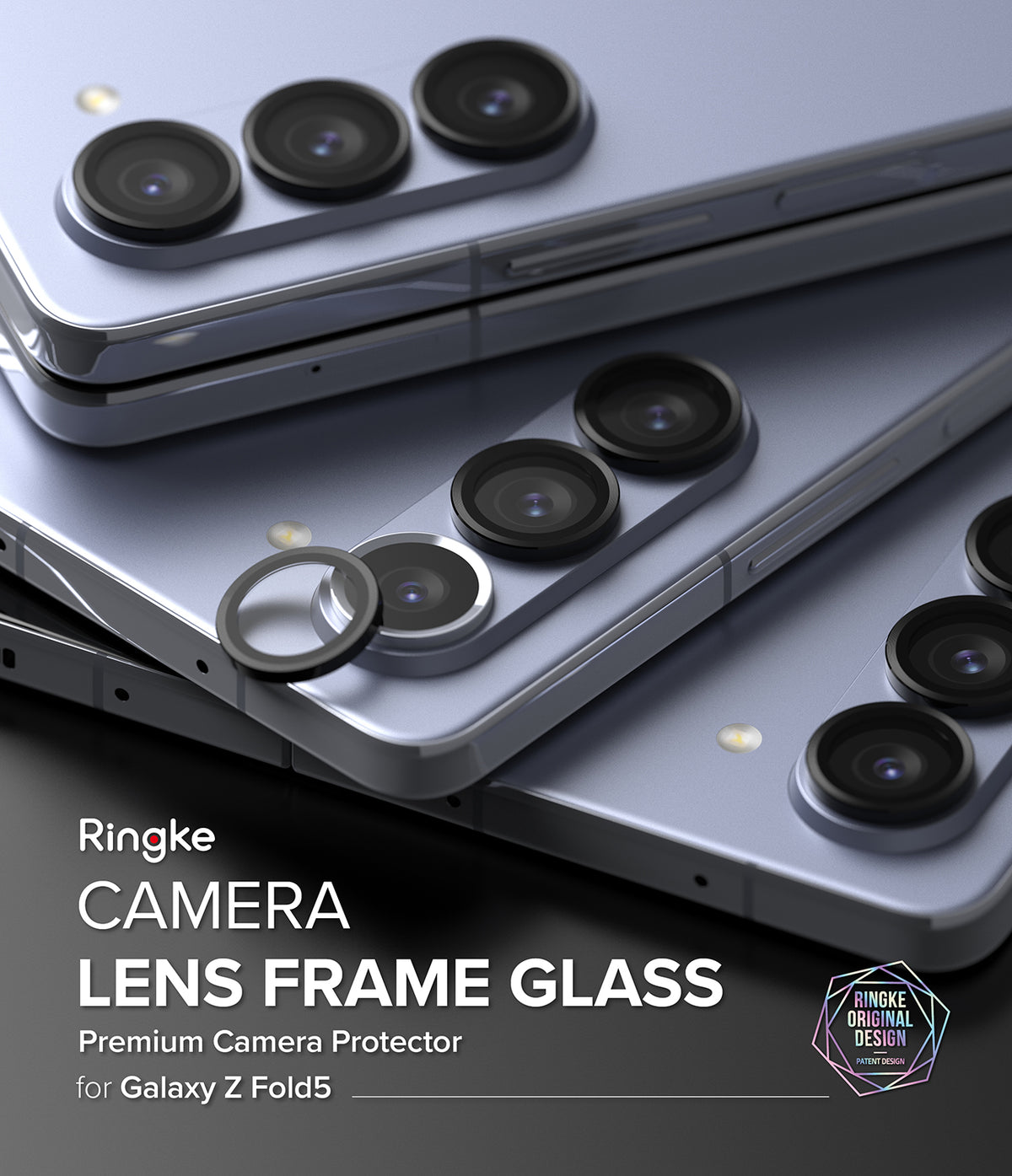 Galaxy Z Fold 5 | Camera Lens Frame Glass - Black lens protectors being applied to the triple camera array of a phone.