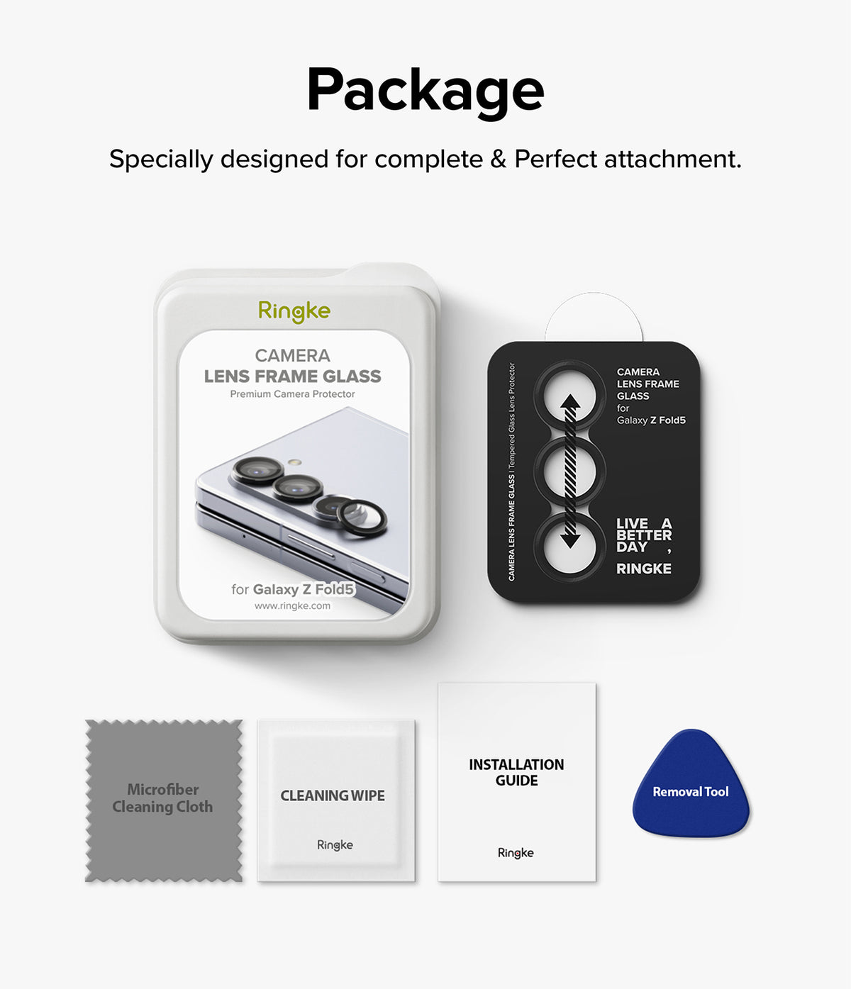 Galaxy Z Fold 5 | Camera Lens Frame Glass - Galaxy Z Fold 5 | Camera lens protector kit with packaging, lens frame glass, cleaning cloth, wipes, and removal tool.
