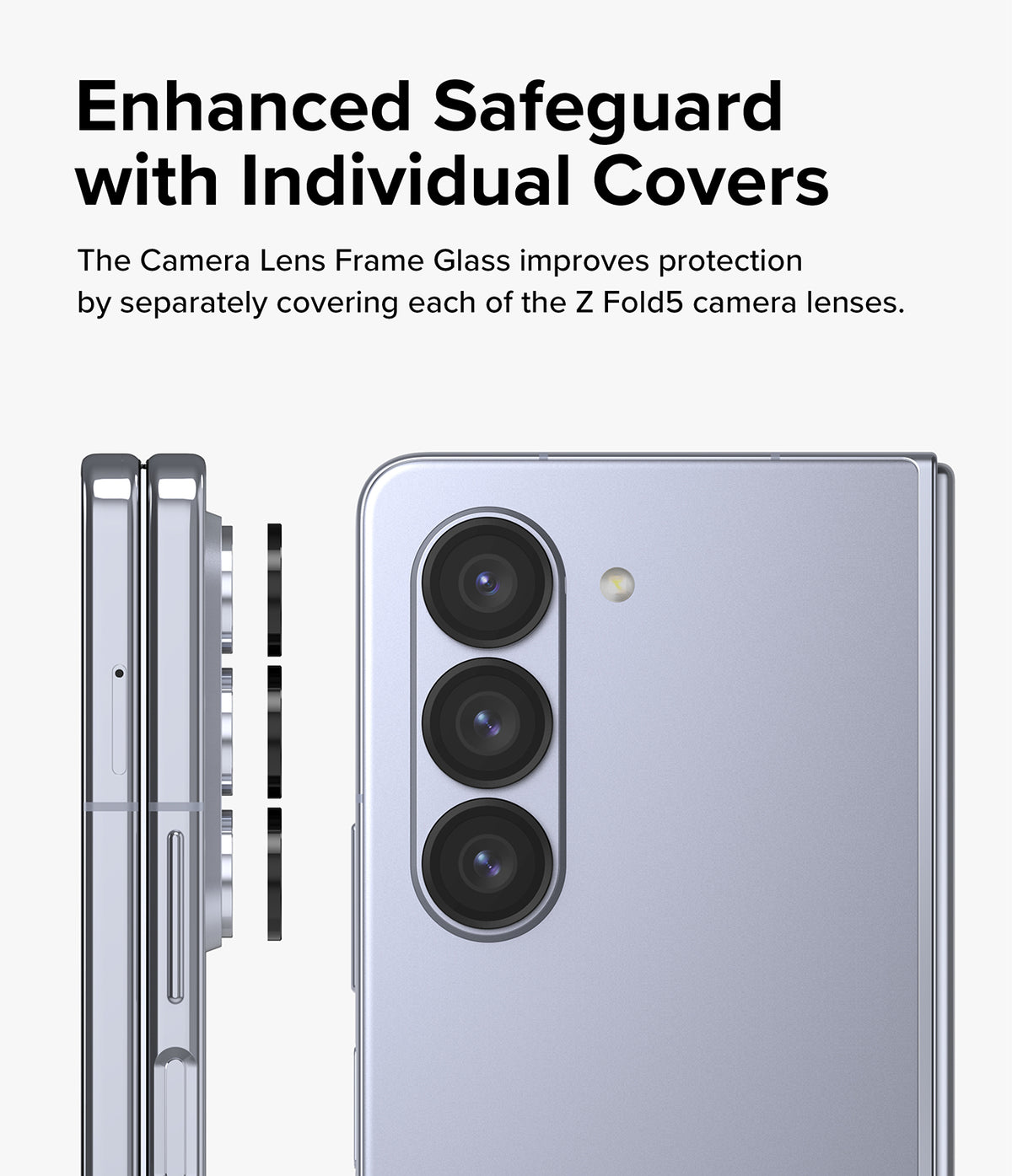Galaxy Z Fold 5 | Camera Lens Frame Glass - Galaxy Z Fold 5 | Camera lens frame glass covers shown aligning with the three rear lenses of a silver smartphone.