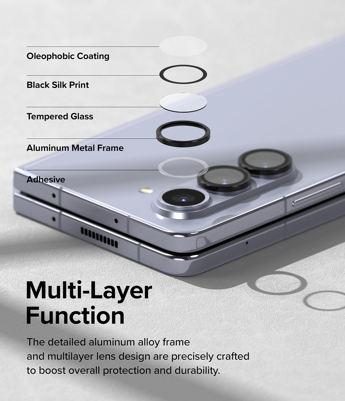 Galaxy Z Fold 5 | Camera Lens Frame Glass - Galaxy Z Fold 5 | Exploded view of camera lens protector layers including adhesive, aluminum frame, and tempered glass.