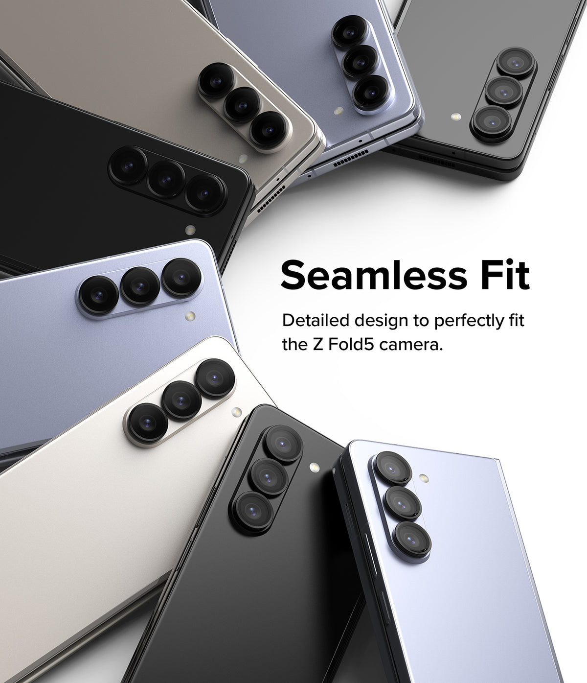 Galaxy Z Fold 5 | Camera Lens Frame Glass - Multiple Galaxy Z Fold 5 phones arranged in a circle with lens protectors.