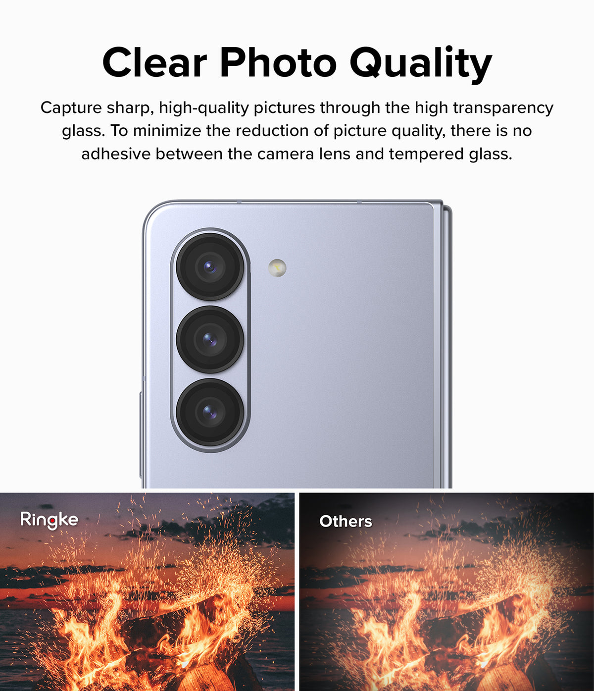 Galaxy Z Fold 5 | Camera Lens Frame Glass - Close-up of phone camera lenses and a comparison of photo clarity.