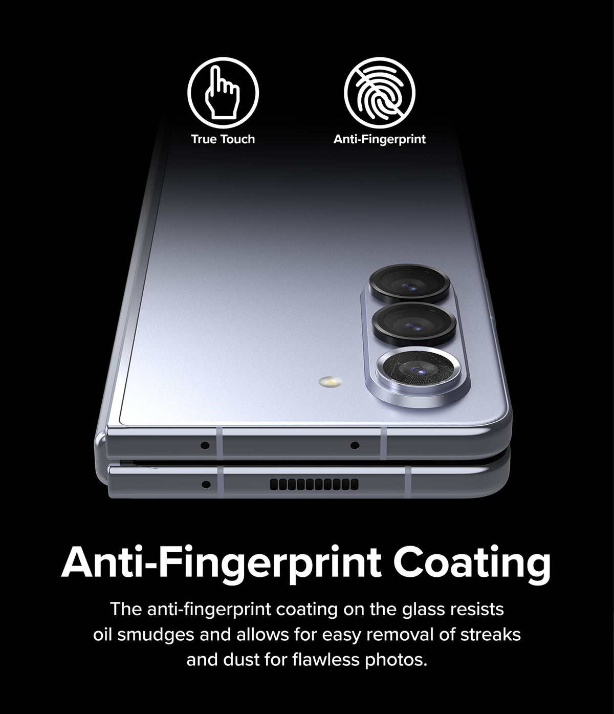 Galaxy Z Fold 5 | Camera Lens Frame Glass - Galaxy Z Fold 5 | Folded phone showing camera lens frame glass with True Touch and Anti-Fingerprint icons.