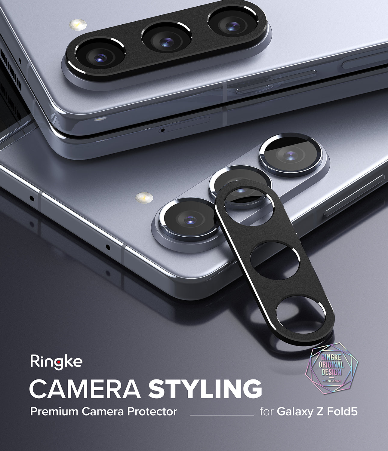Galaxy Z Fold 5 | Camera Styling - Black adhesive camera lens protector being applied to a silver Galaxy Z Fold 5.