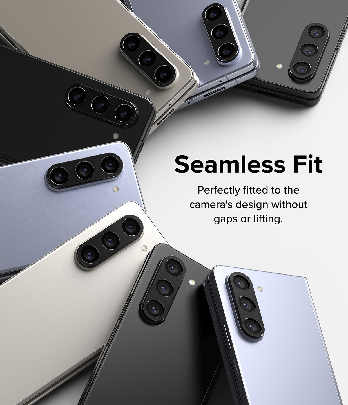 Galaxy Z Fold 5 | Camera Styling - Multiple Galaxy Z Fold 5 phones in various colors arranged in a circle, highlighting seamless camera lens covers.