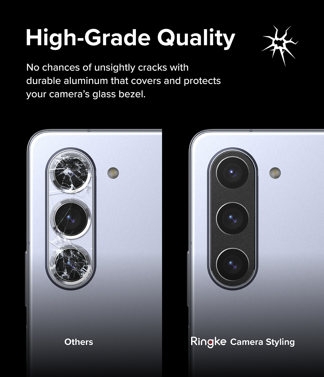 Galaxy Z Fold 5 | Camera Styling - Comparison of a cracked phone camera lens versus one protected by a Ringke aluminum cover.