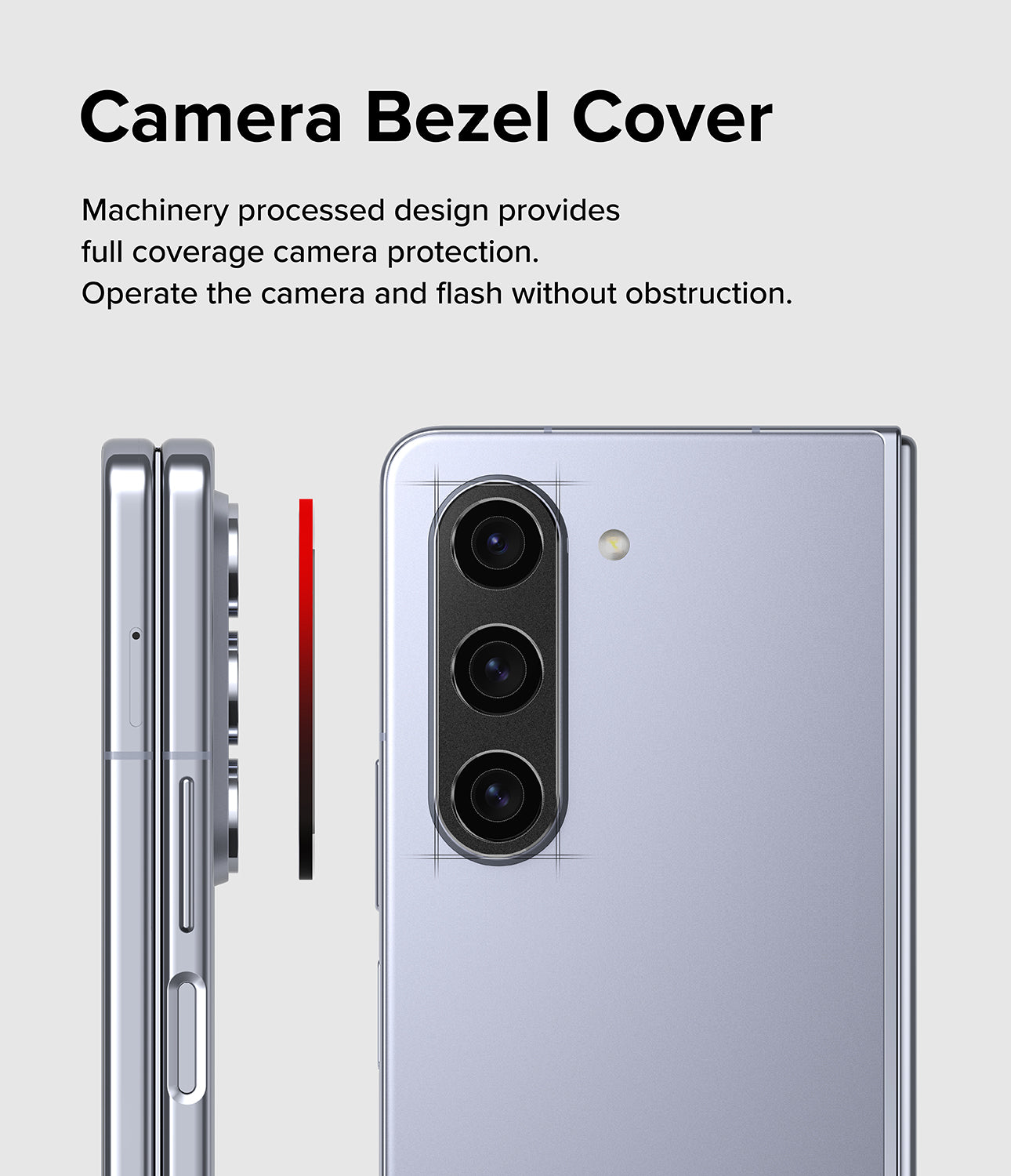 Galaxy Z Fold 5 | Camera Styling - A black camera bezel cover aligning with the triple lens array of a silver Galaxy Z Fold 5.