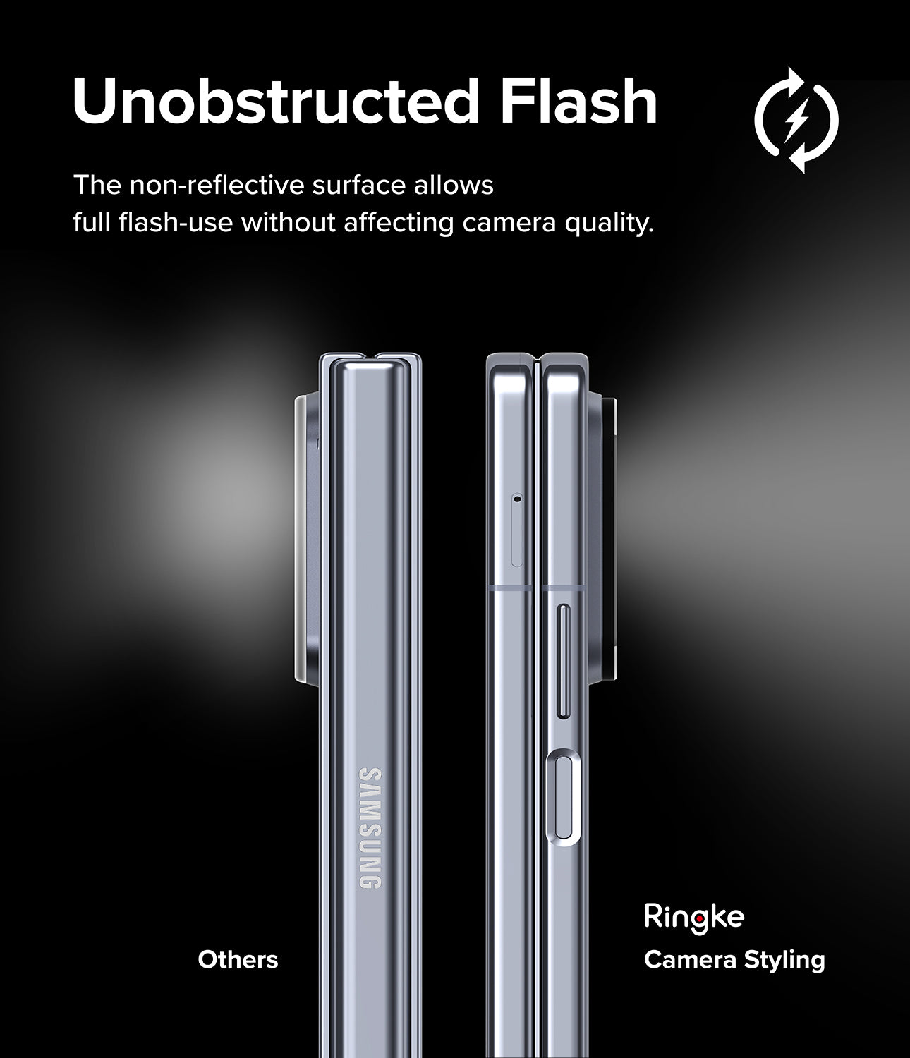 Galaxy Z Fold 5 | Camera Styling - Side-by-side comparison of a standard camera cover and a Ringke cover on a phone.