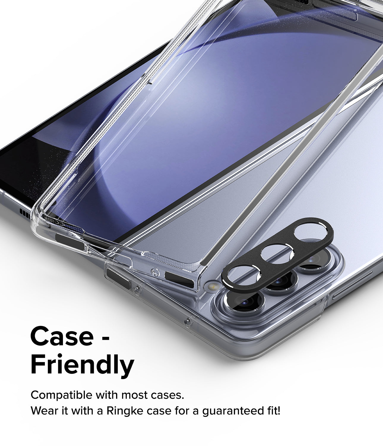 Galaxy Z Fold 5 | Camera Styling - Black camera lens protector hovering over a Galaxy Z Fold 5 inside a clear case.