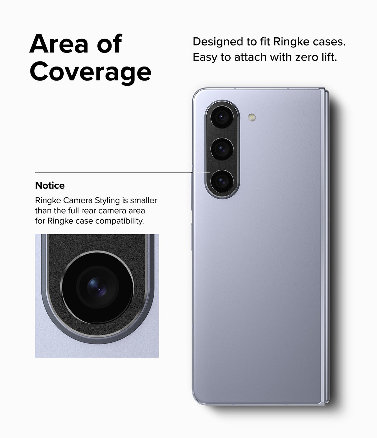 Galaxy Z Fold 5 | Camera Styling - Close-up of camera lens protector on a silver phone, highlighting case compatibility.
