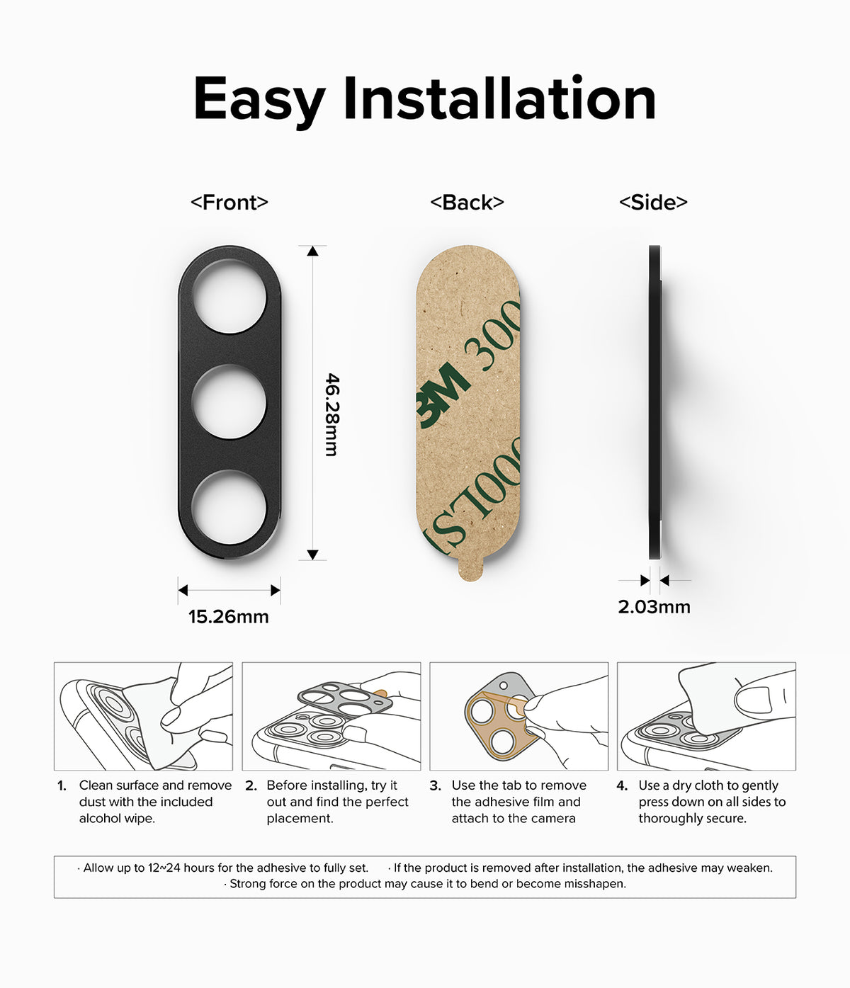Galaxy Z Fold 5 | Camera Styling - Dimensions and four-step installation guide for a black camera lens protector.