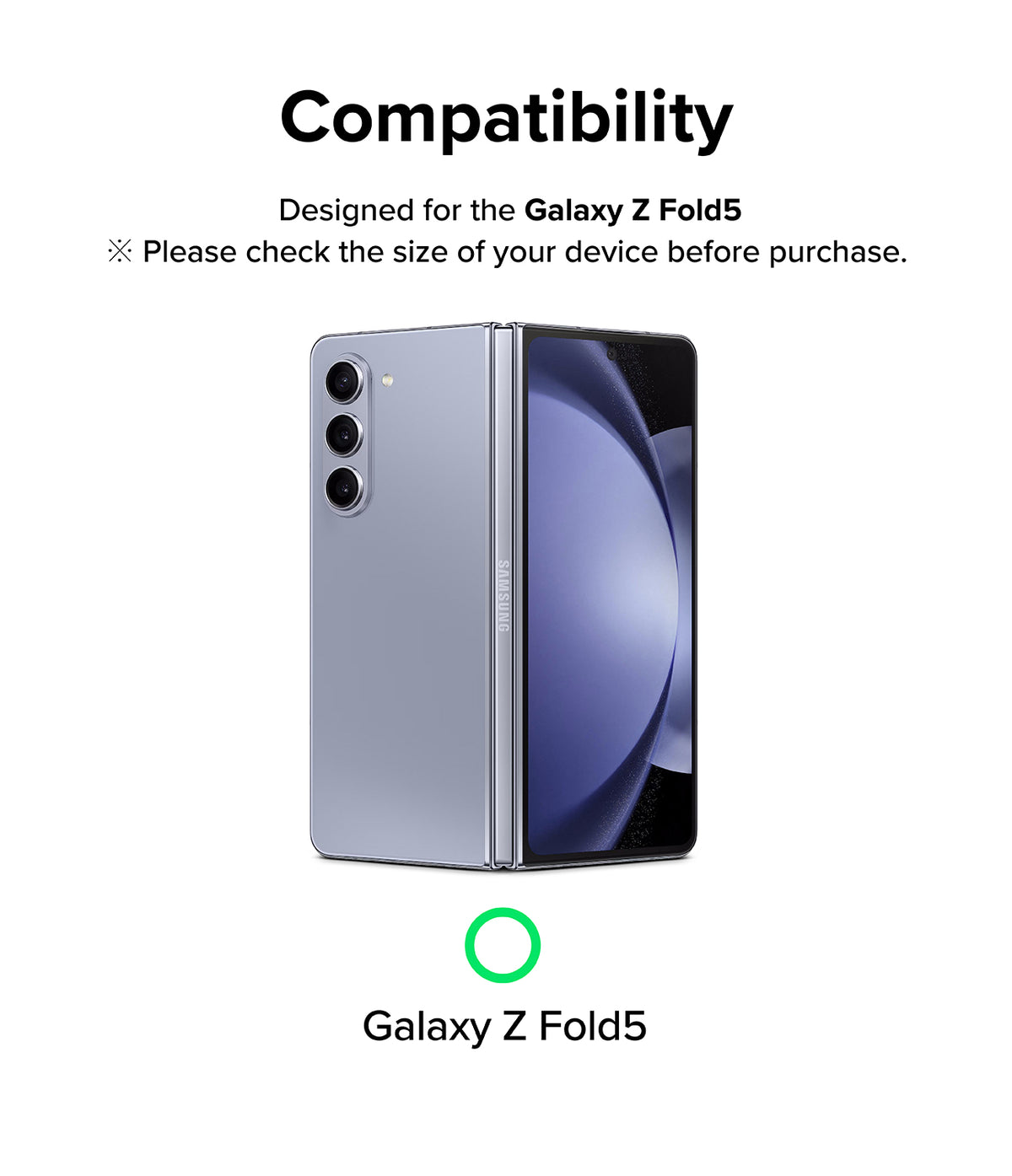 Galaxy Z Fold 5 | Camera Styling - A light blue Galaxy Z Fold 5 phone shown with a green checkmark indicating compatibility.
