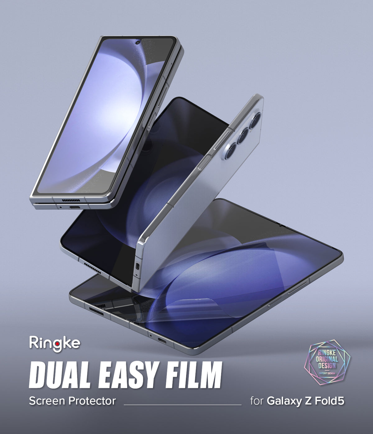 Galaxy Z Fold 5 Screen Protector | Dual Easy Film - Galaxy Z Fold 5 Screen Protector - Three Galaxy Z Fold 5 phones in various folding positions floating against a gray background.