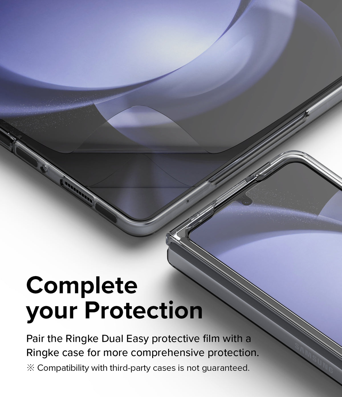 Galaxy Z Fold 5 Screen Protector | Dual Easy Film - Galaxy Z Fold 5 Screen Protector - Close-up of a Galaxy Z Fold 5 with a screen protector and clear protective case.