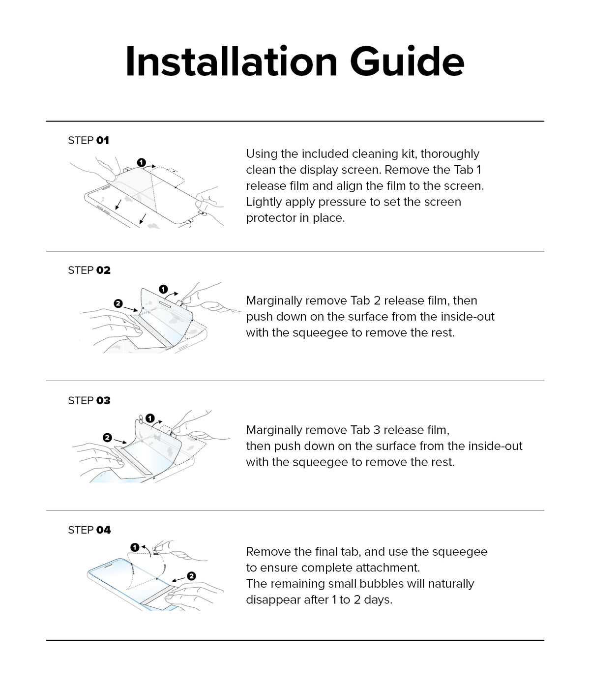 Galaxy Z Fold 5 Screen Protector | Dual Easy Film - Galaxy Z Fold 5 Screen Protector - Four-step illustrated guide showing how to apply a screen protector using tabs and a squeegee.