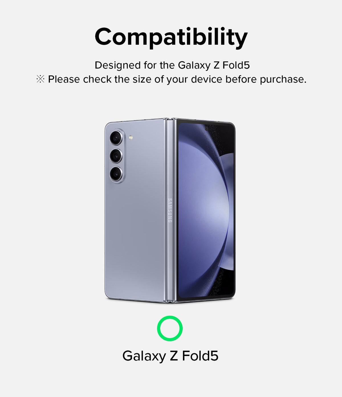 Galaxy Z Fold 5 Screen Protector | Dual Easy Film - Galaxy Z Fold 5 Screen Protector - A light blue Galaxy Z Fold5 smartphone shown with a green checkmark indicating compatibility.