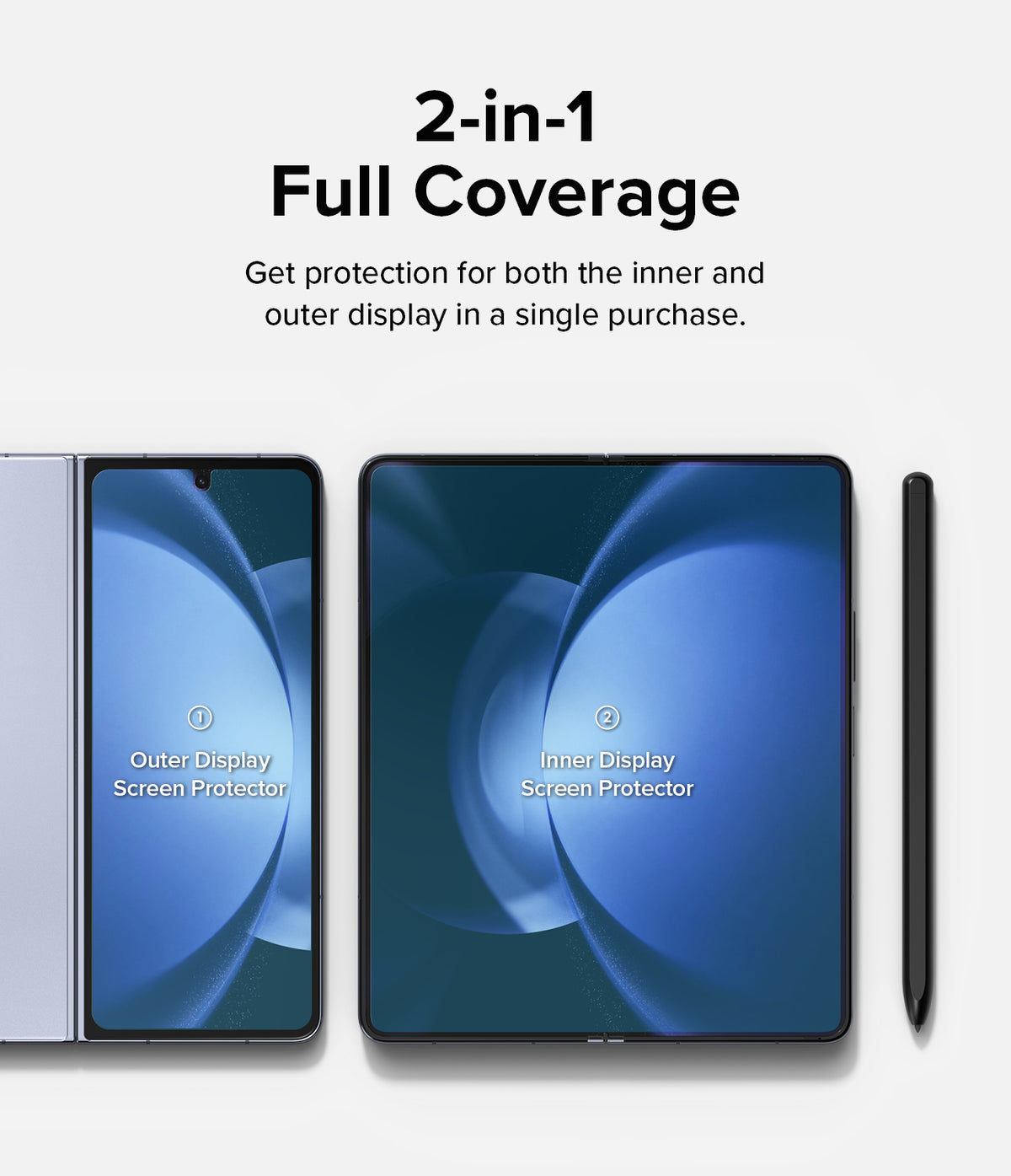 Galaxy Z Fold 5 Screen Protector | Dual Easy Film - Galaxy Z Fold 5 Screen Protector - Foldable phone showing outer and inner screen protectors with a stylus pen.