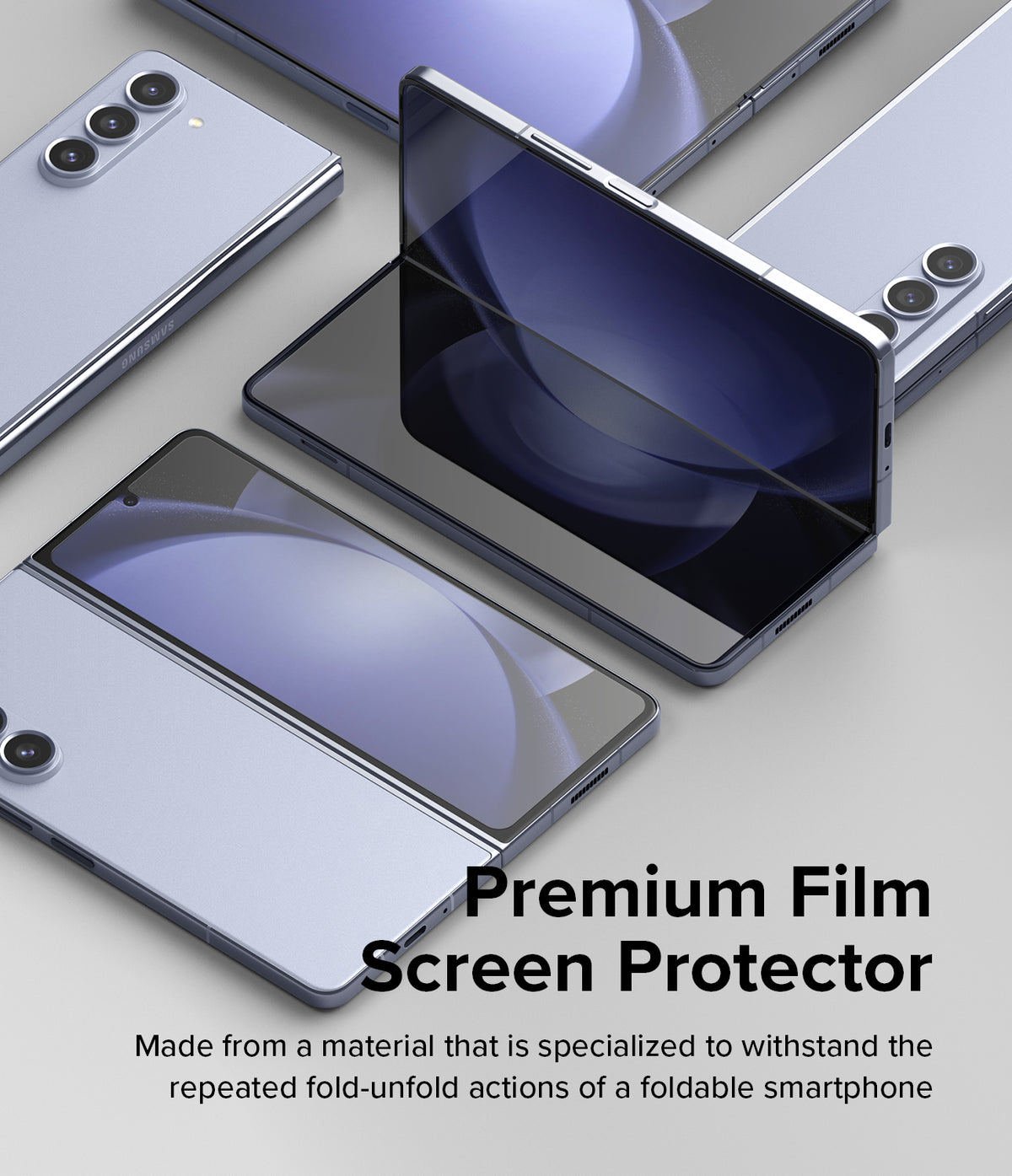Galaxy Z Fold 5 Screen Protector | Dual Easy Film - Galaxy Z Fold 5 Screen Protector - Multiple light blue foldable smartphones displayed in various open and closed positions.
