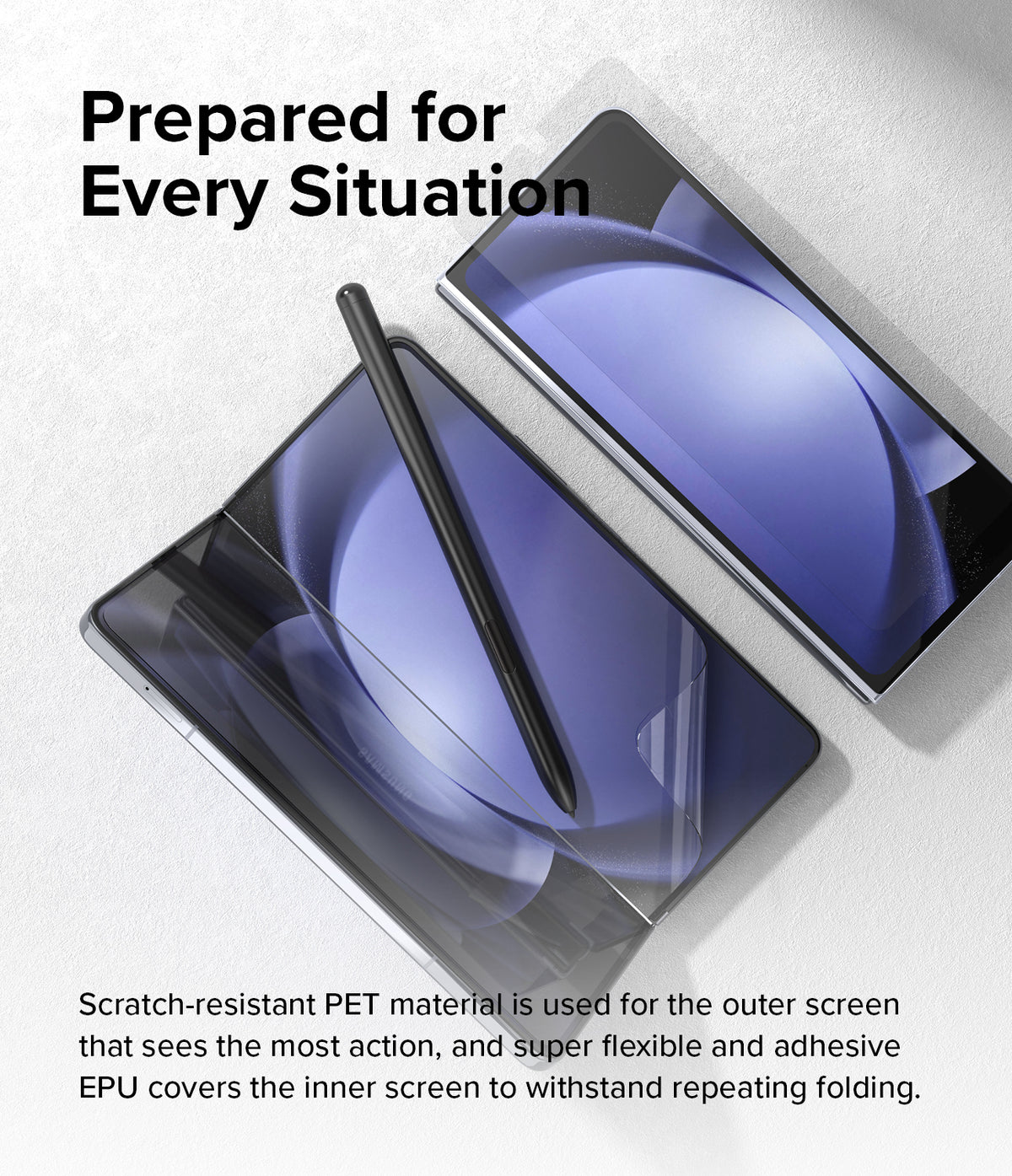 Galaxy Z Fold 5 Screen Protector | Dual Easy Film - Galaxy Z Fold 5 Screen Protector - Folded and unfolded Galaxy Z Fold 5 with a stylus on a white textured background.