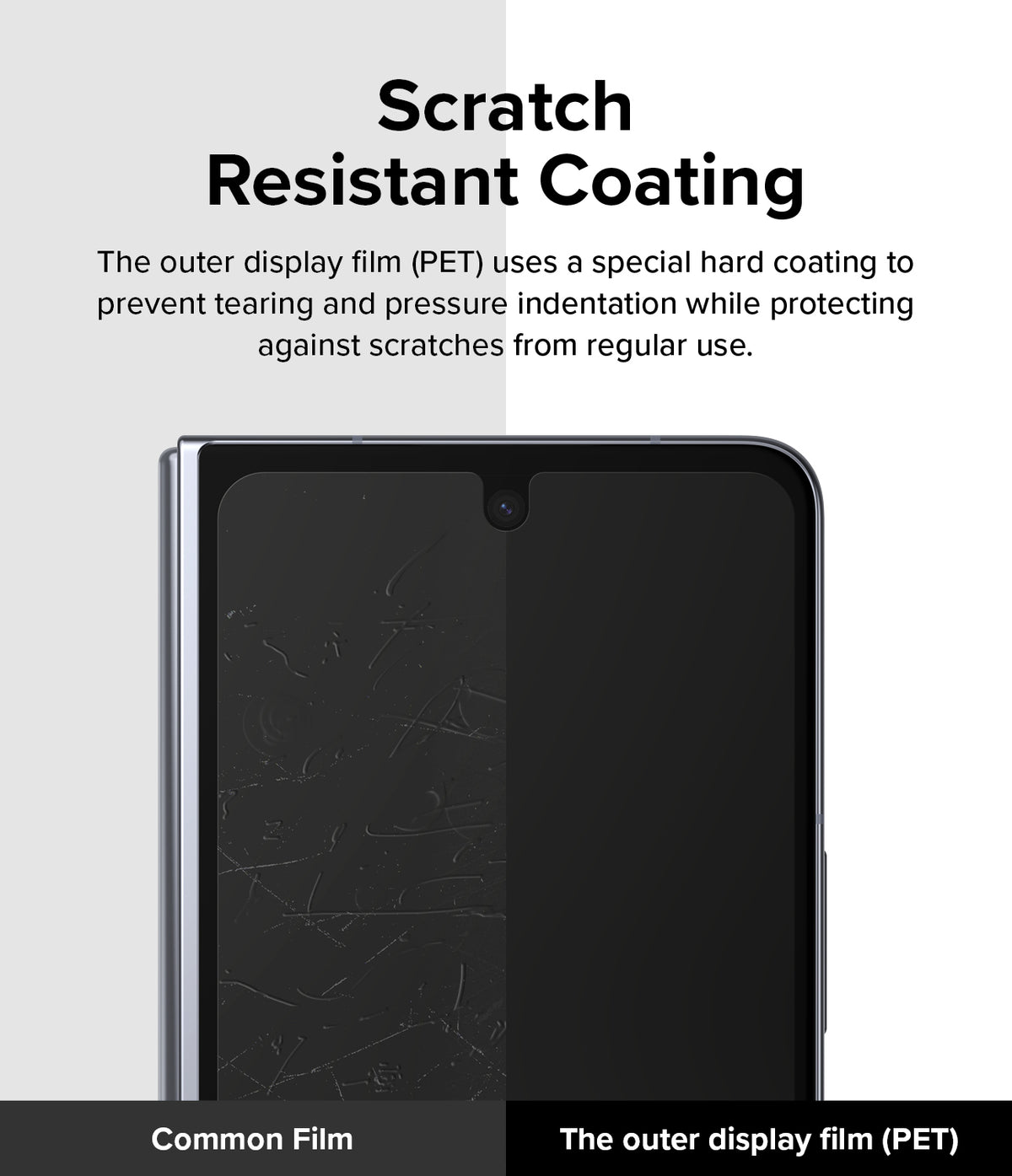 Galaxy Z Fold 5 Screen Protector | Dual Easy Film - Galaxy Z Fold 5 Screen Protector - Split screen showing a scratched common film versus a smooth, scratch-resistant PET film.