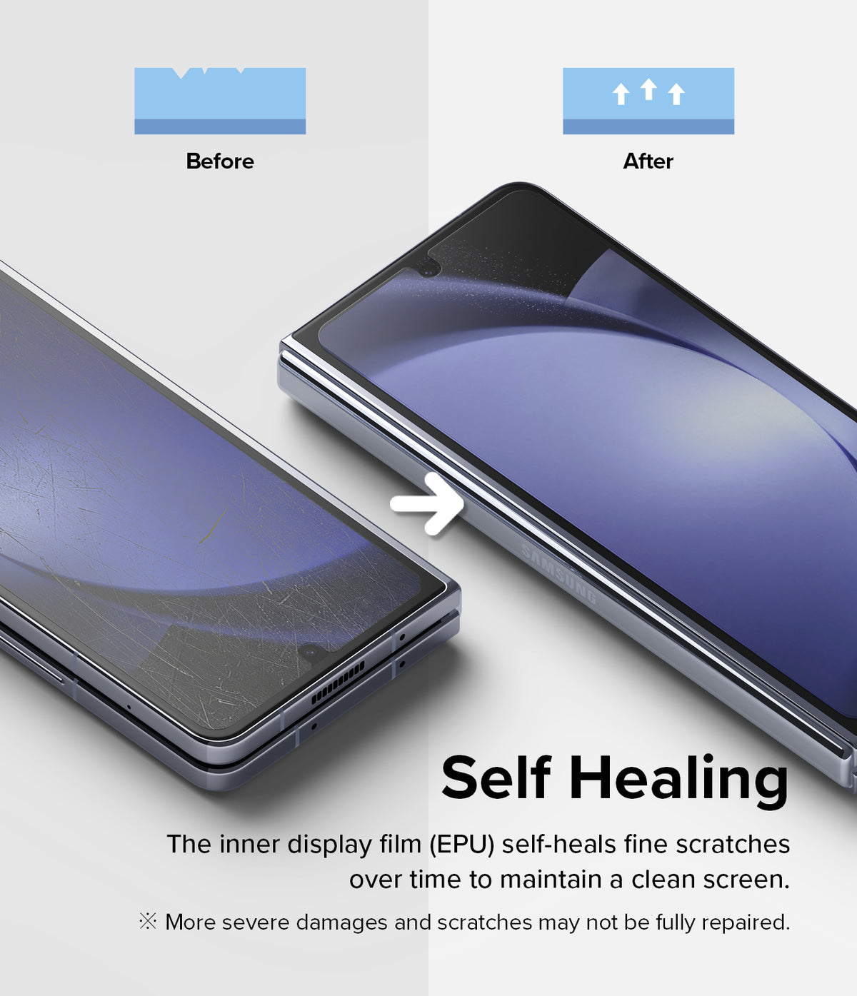 Galaxy Z Fold 5 Screen Protector | Dual Easy Film - Galaxy Z Fold 5 Screen Protector - Comparison showing a scratched phone screen self-healing into a smooth, clear surface.