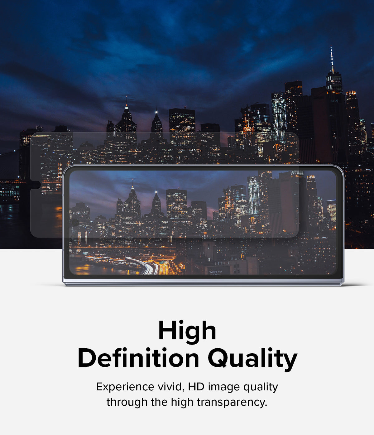 Galaxy Z Fold 5 Screen Protector | Dual Easy Film - Galaxy Z Fold 5 Screen Protector - A transparent screen protector film hovering over a phone displaying a city skyline.