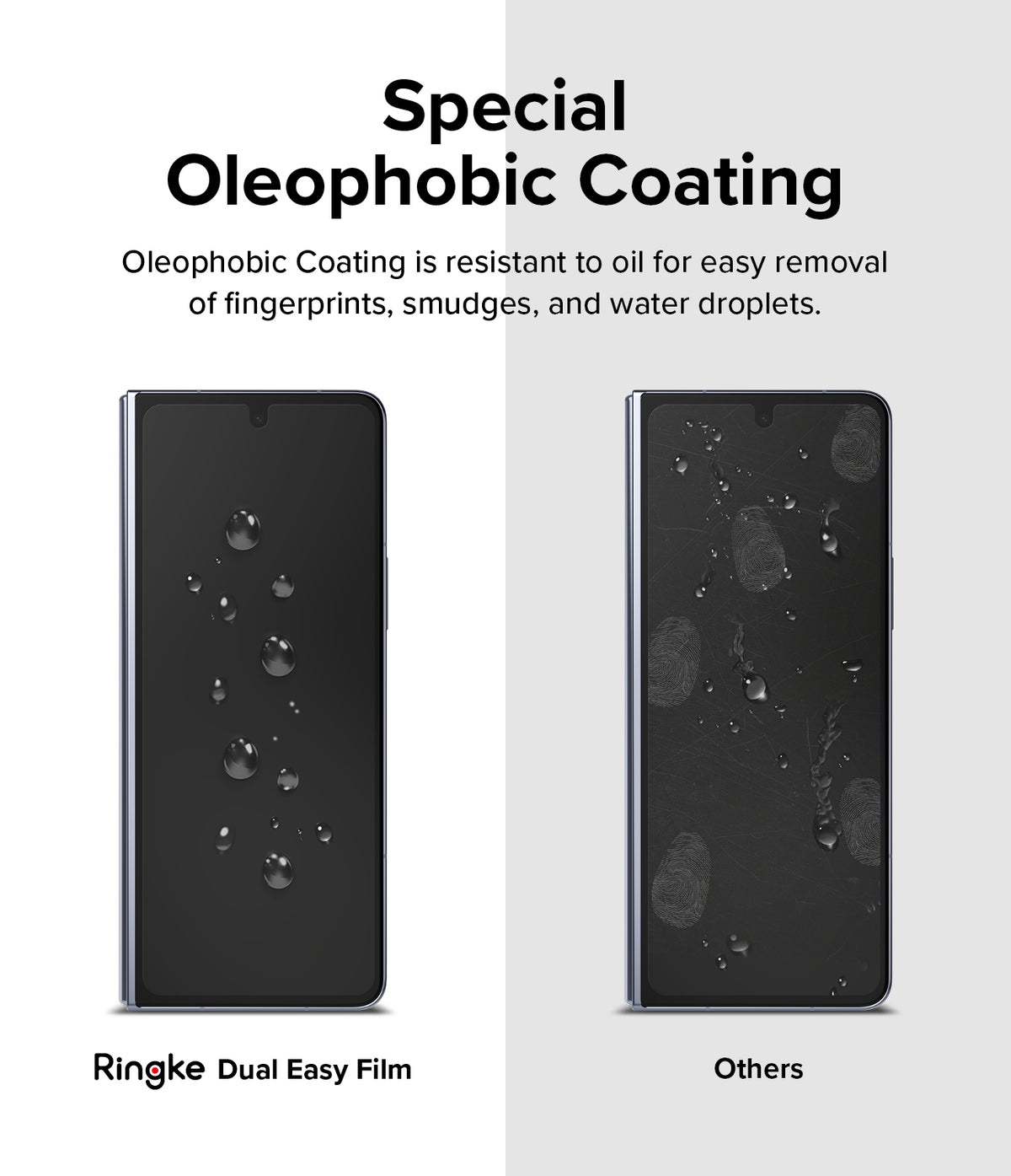 Galaxy Z Fold 5 Screen Protector | Dual Easy Film - Galaxy Z Fold 5 Screen Protector - Comparison showing water beading on Ringke film versus smudges on standard film.