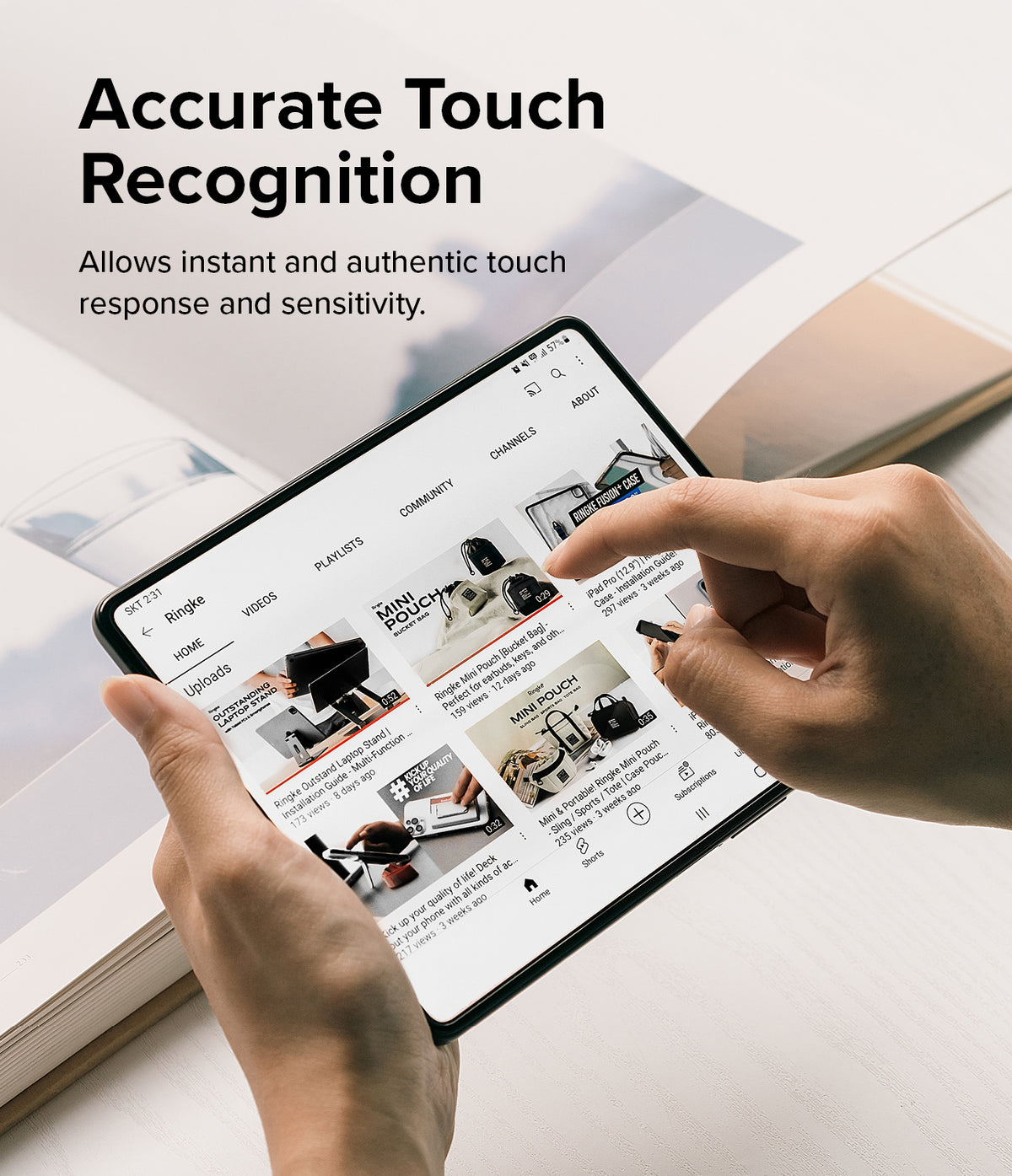 Galaxy Z Fold 5 Screen Protector | Dual Easy Film - Galaxy Z Fold 5 Screen Protector - Hands touching a Galaxy Z Fold 5 screen displaying a YouTube channel interface.