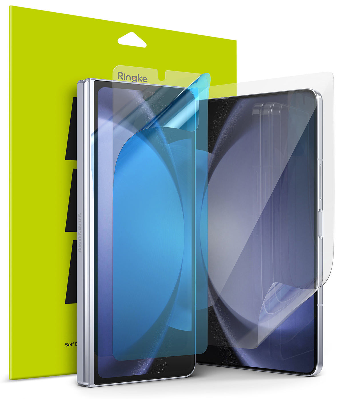 Galaxy Z Fold 5 Screen Protector | Dual Easy Film - Galaxy Z Fold 5 Screen Protector - Ringke Dual Easy Film being applied to a Galaxy Z Fold 5 against a lime green background.