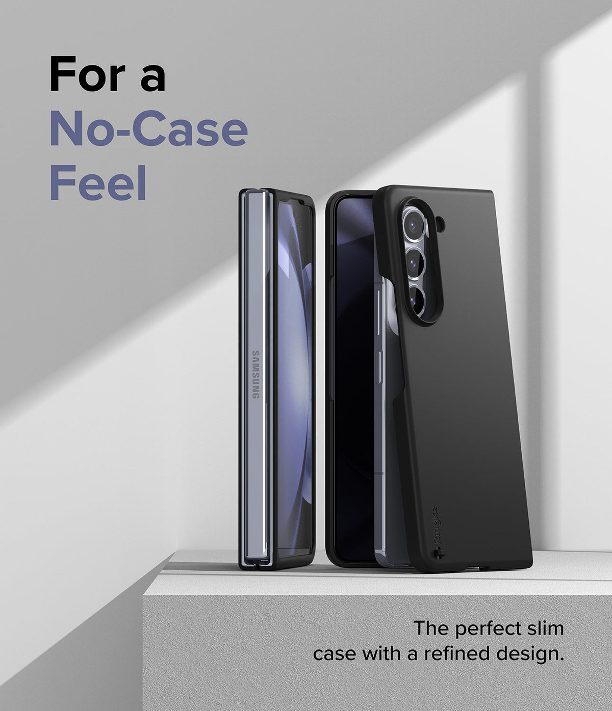 Galaxy Z Fold 5 Case | Slim - Two views of a black slim case on a Galaxy Z Fold 5 against a minimalist background.