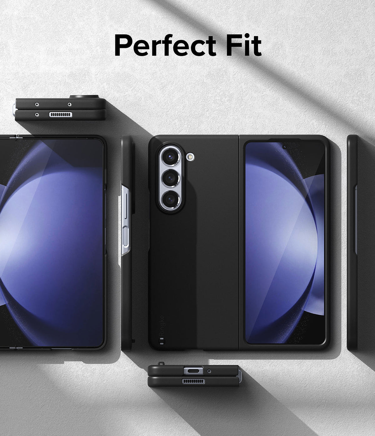 Galaxy Z Fold 5 Case | Slim - Black slim case on Galaxy Z Fold 5 showing front, back, and side views on a textured surface.