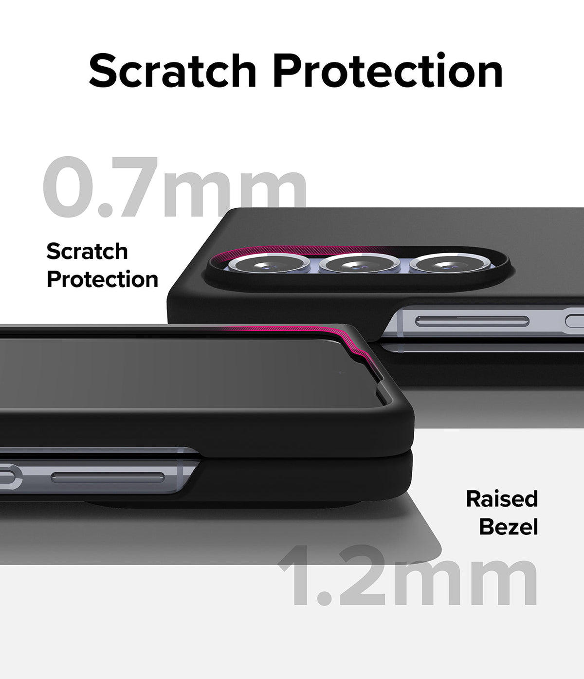 Galaxy Z Fold 5 Case | Slim - Close-up of phone case showing 0.7mm camera and 1.2mm screen raised bezels for scratch protection.