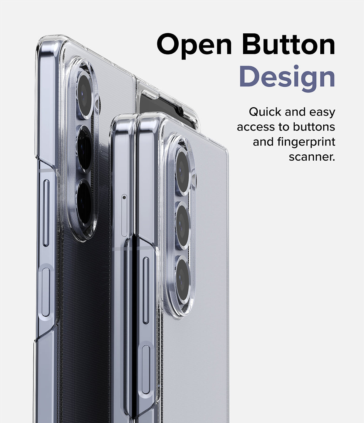 Galaxy Z Fold 5 Case | Slim - Two clear phone cases showing open button cutouts for easy access to side controls.