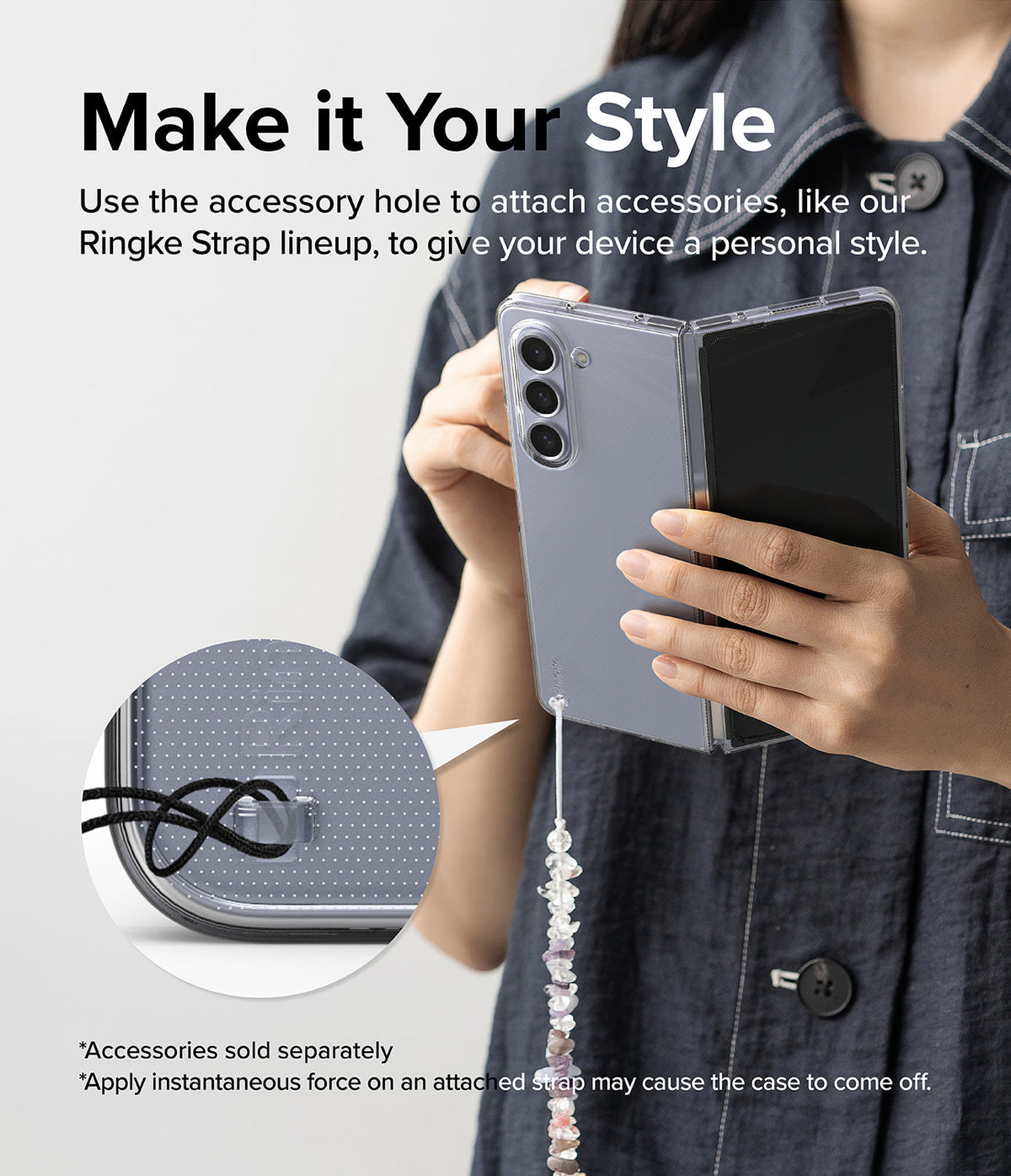 Galaxy Z Fold 5 Case | Slim - Person holding a Galaxy Z Fold 5 in a clear case with a beaded strap attached to a built-in hole.