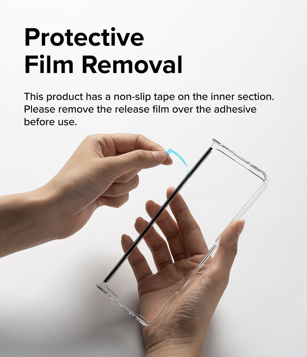 Galaxy Z Fold 5 Case | Slim - Hands peeling a blue protective film off the adhesive strip inside a clear phone case.