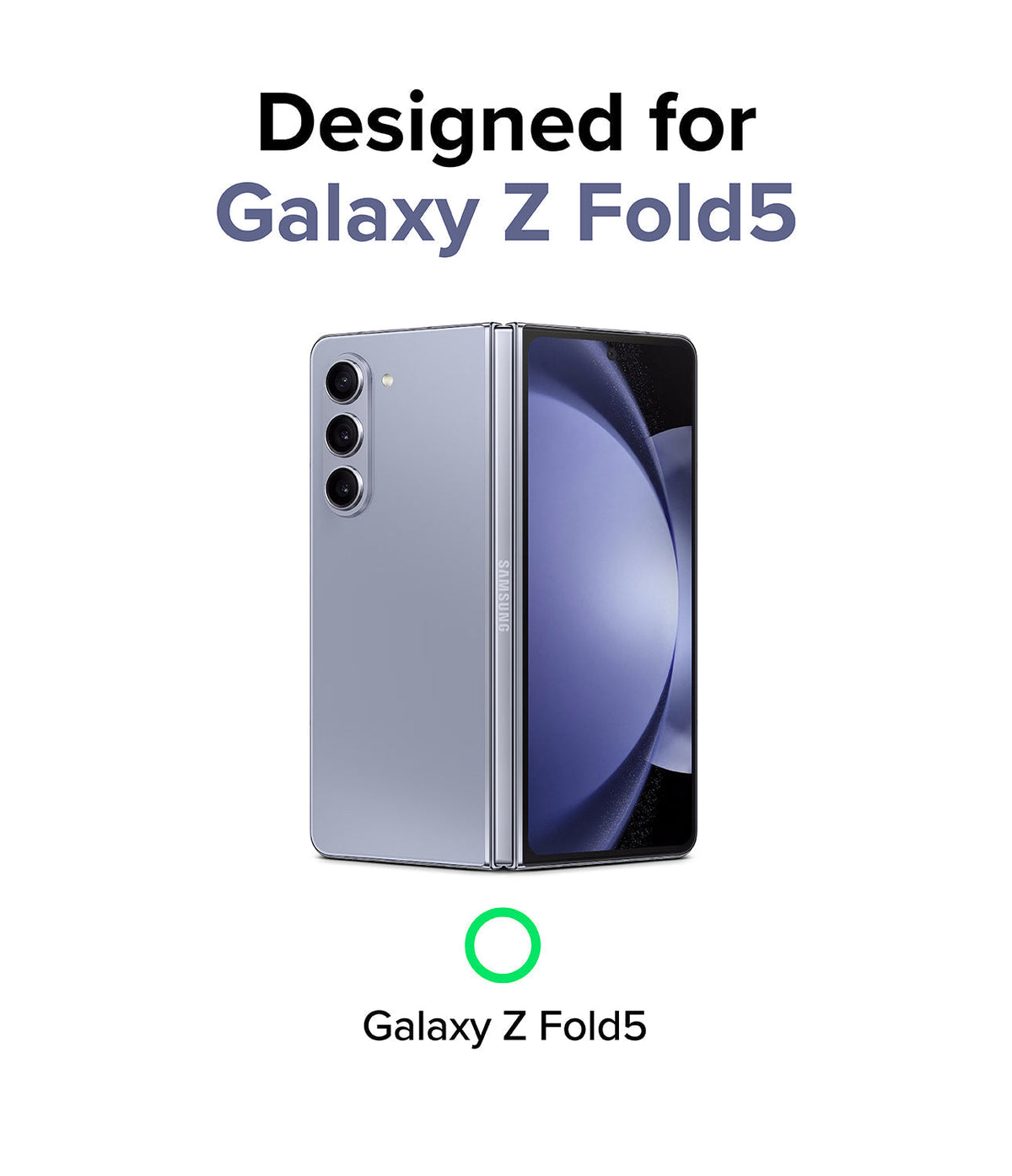 Galaxy Z Fold 5 Case | Slim - A light blue Galaxy Z Fold5 smartphone shown partially folded with text confirming compatibility.