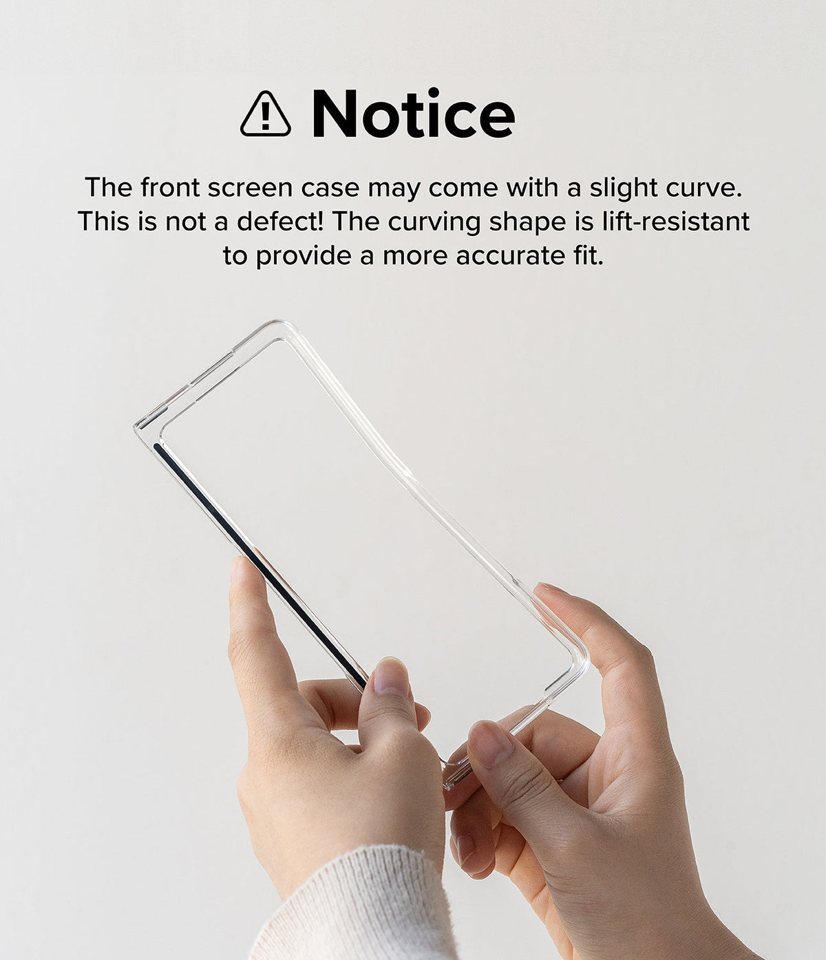 Galaxy Z Fold 5 Case | Slim - Hands holding a clear, slightly curved front phone case with an informational notice about the fit.