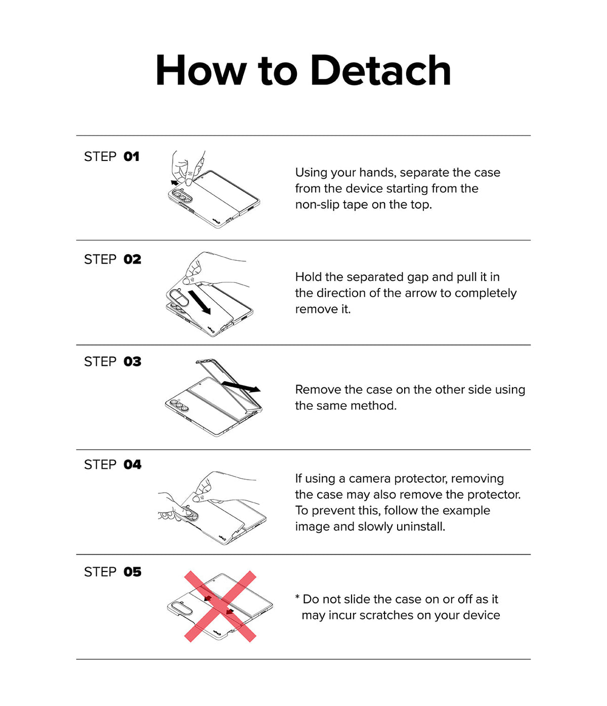 Galaxy Z Fold 5 Case | Slim - Five-step instructional guide showing how to safely detach the phone case from the device.