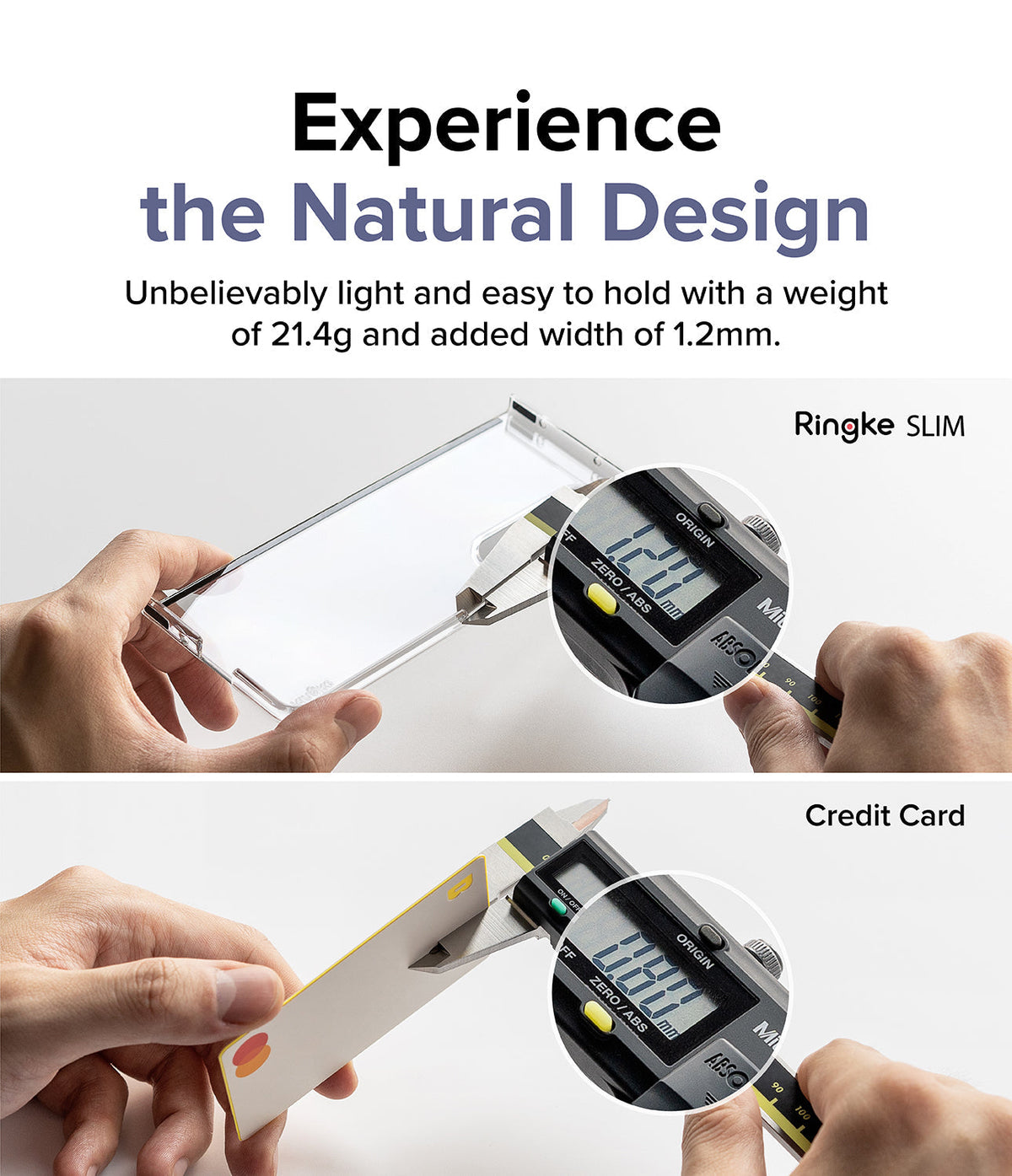 Galaxy Z Fold 5 Case | Slim - Caliper measuring the thin 1.2mm thickness of a clear phone case versus a credit card.