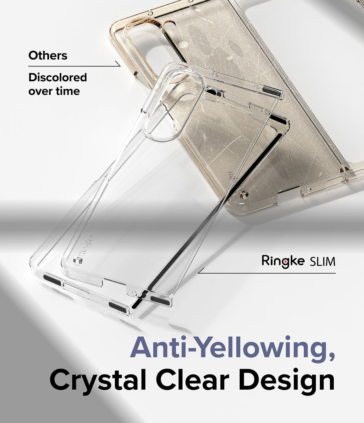 Galaxy Z Fold 5 Case | Slim - Comparison of a clear Ringke case versus a yellowed, discolored competitor phone case.
