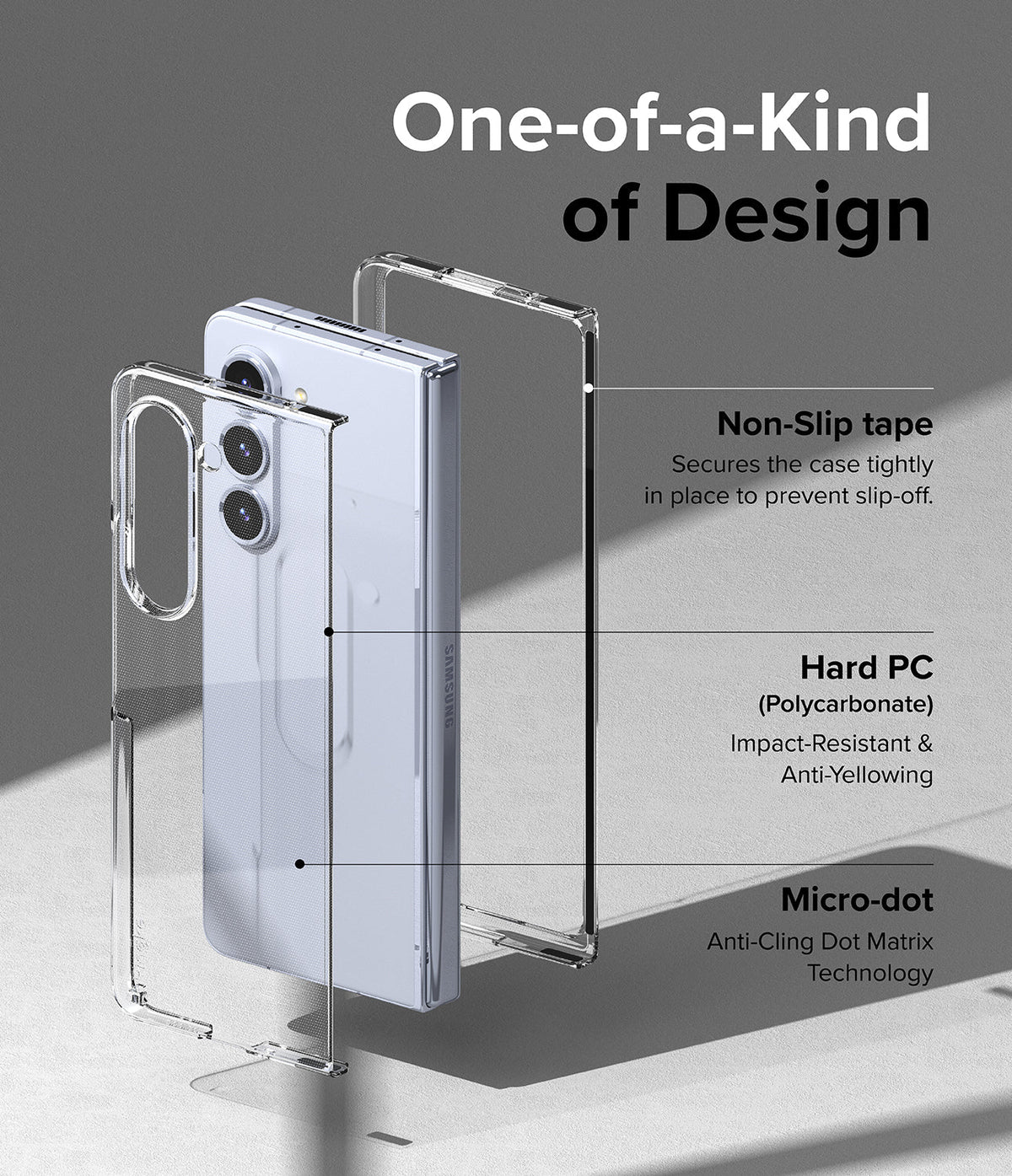 Galaxy Z Fold 5 Case | Slim - Exploded view of a clear phone case highlighting non-slip tape, hard PC material, and micro-dots.